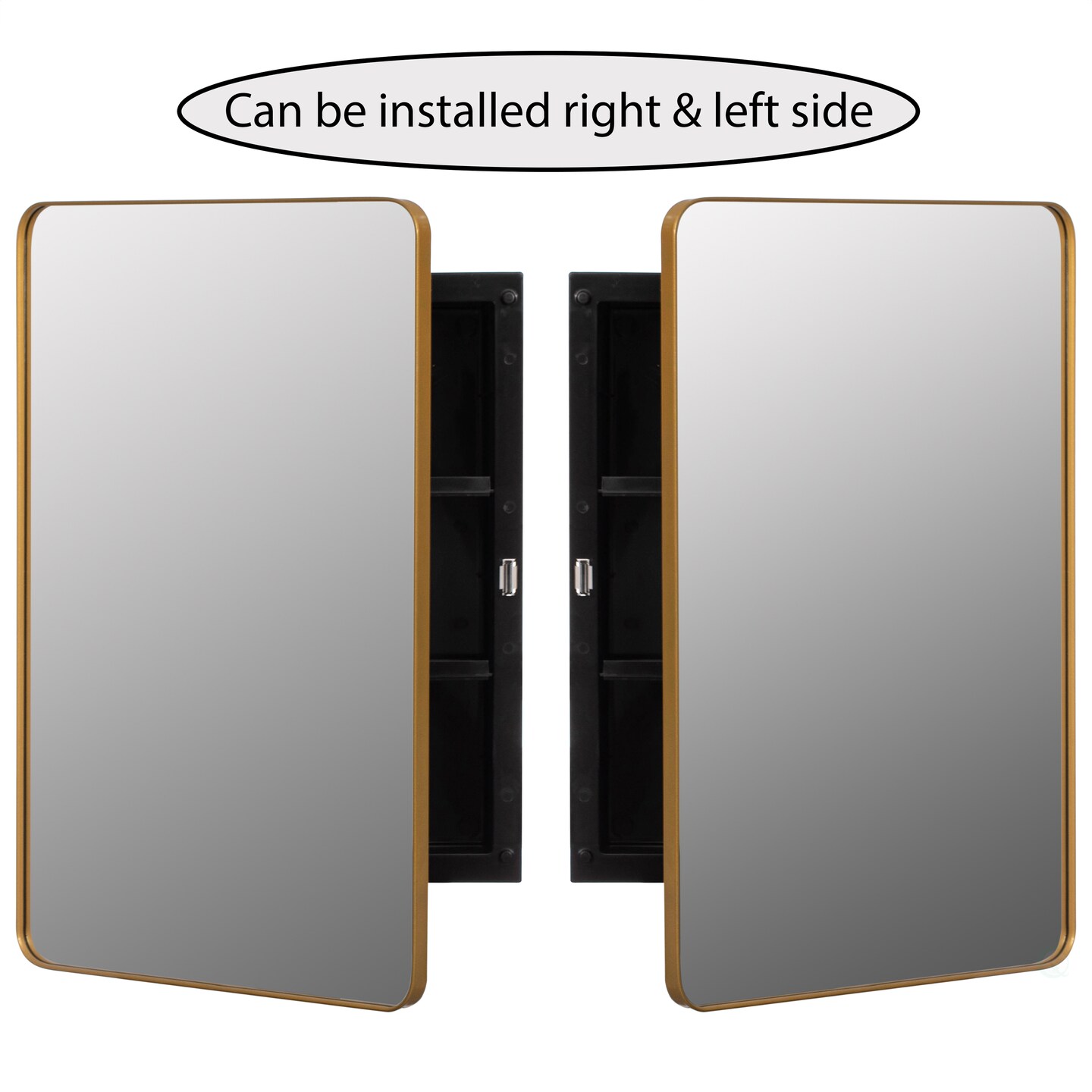 Basicwise Plastic Medicine Cabinet with Beveled Edge Mirror Door and Round Corner Metal Frame, Surface or Recessed Mount Options, Bathroom Wall Mounted Vanity Cabinet with 2 Adjustable Shelves