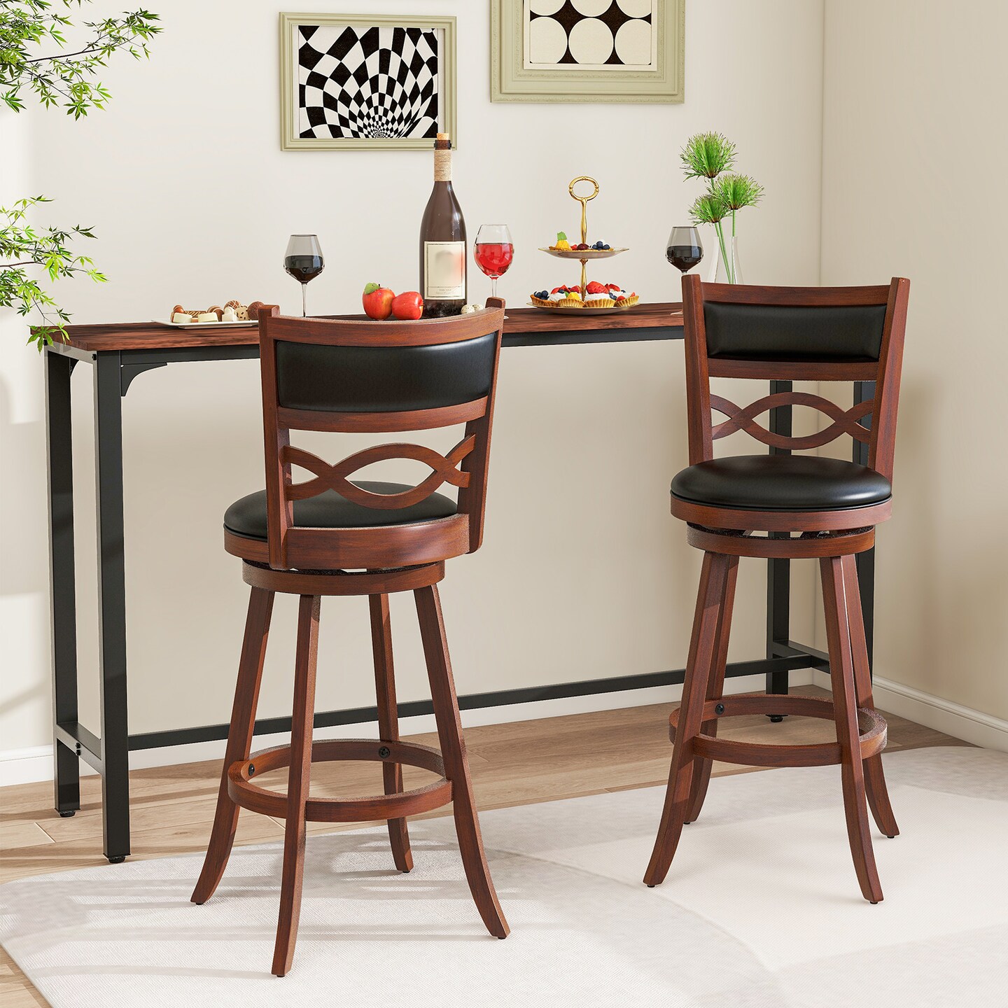 Set of 2 Swivel Chairs with Rubber Wood Frame and Faux Leather Upholstery