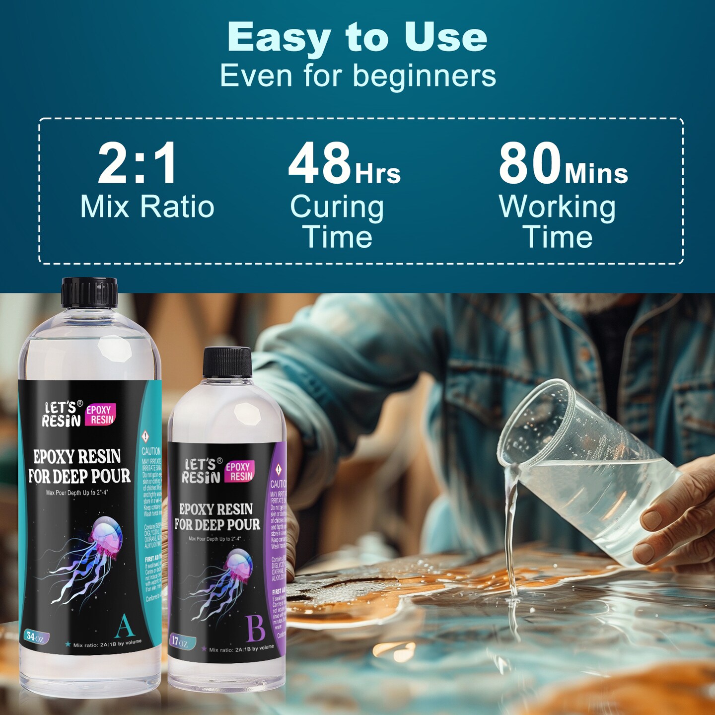 LET&#x27;S RESIN EPOXY RESIN Deep Pour Epoxy Resin, 51OZ 2-4 inch Clear Epoxy Resin Kit,Bubble Free Low Odor 2:1 Low Viscosity Casting for River Table,Wood,Flower Preservation, Art Crafts