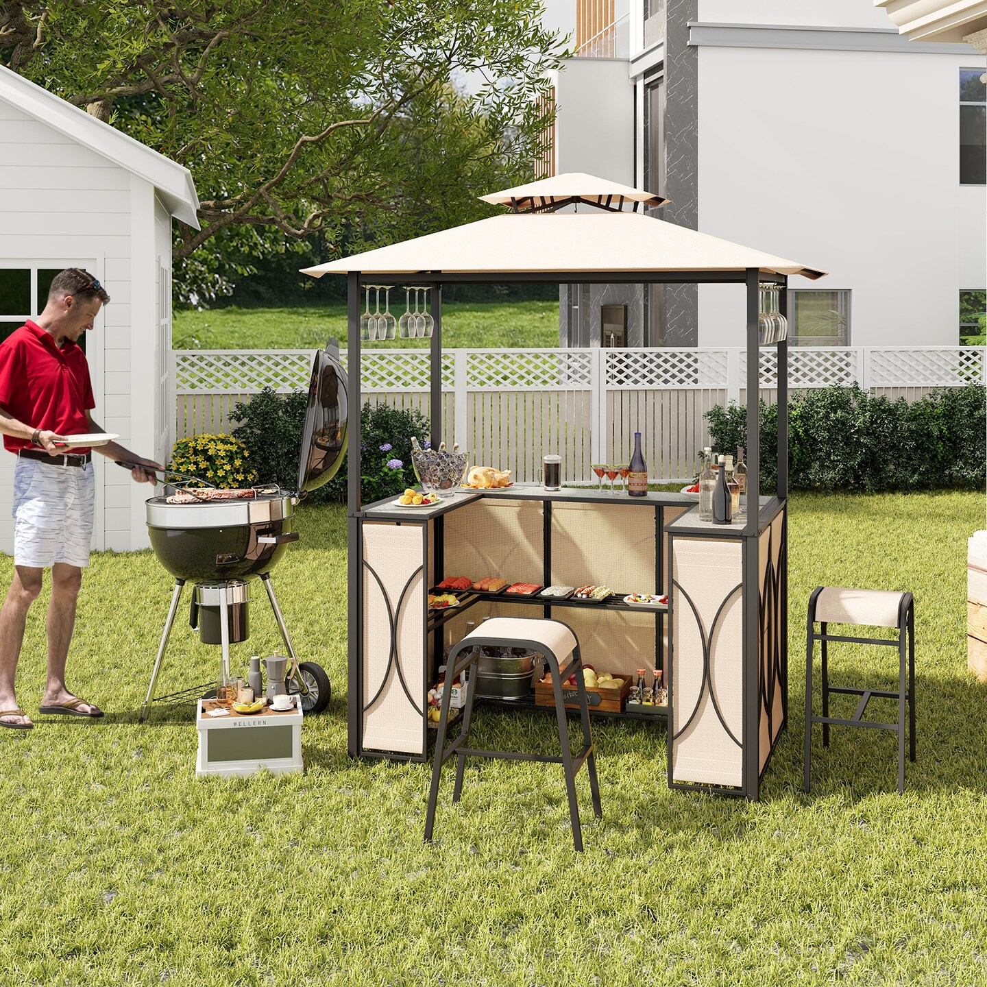 3-Piece Patio Bar Set Grill Gazebo &#x26; 2 Bar Stools with Tempered Glass Bar Table