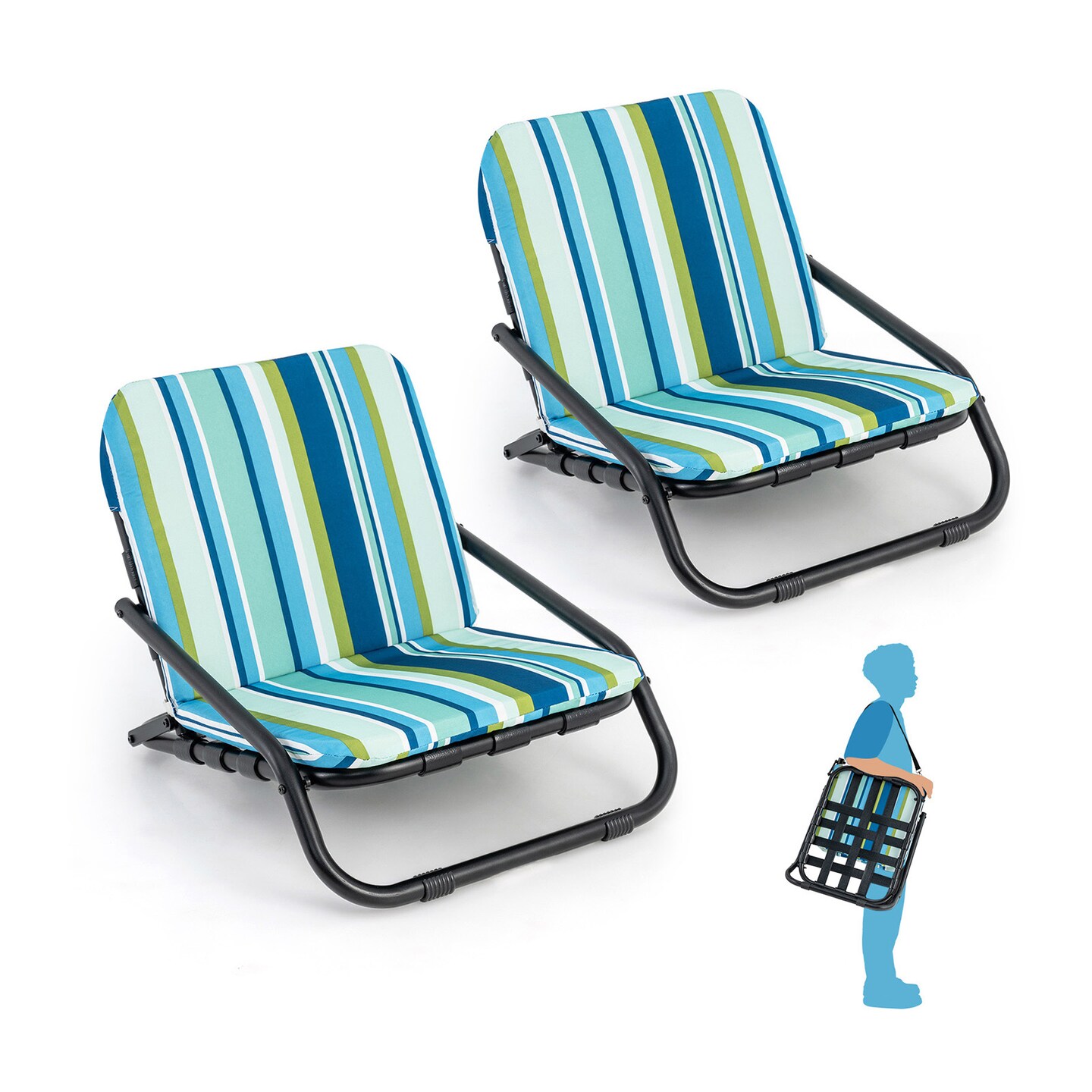 2 Pack Low Folding Beach Chairs for Adults with Cushion-Blue - 26" x 20" x 18"