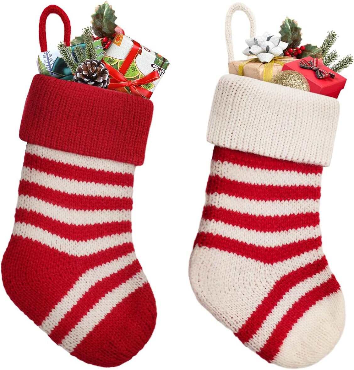 2Pcs Knited Christmas Stockings 8&#x27;&#x27; Red White Strips Chirstmas Stockings Small for Holiday Hanging Decor on Fireplace Shelf Christmas Home Decroation