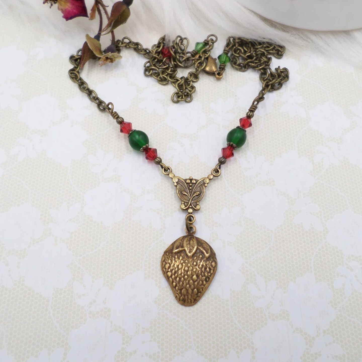 Brass Strawberry Necklace, Cottagecore Necklace, Small Petite Handmade Beaded Jewelry, Nature Lover Gift, Goblincore Aesthetic, Green Red product 2