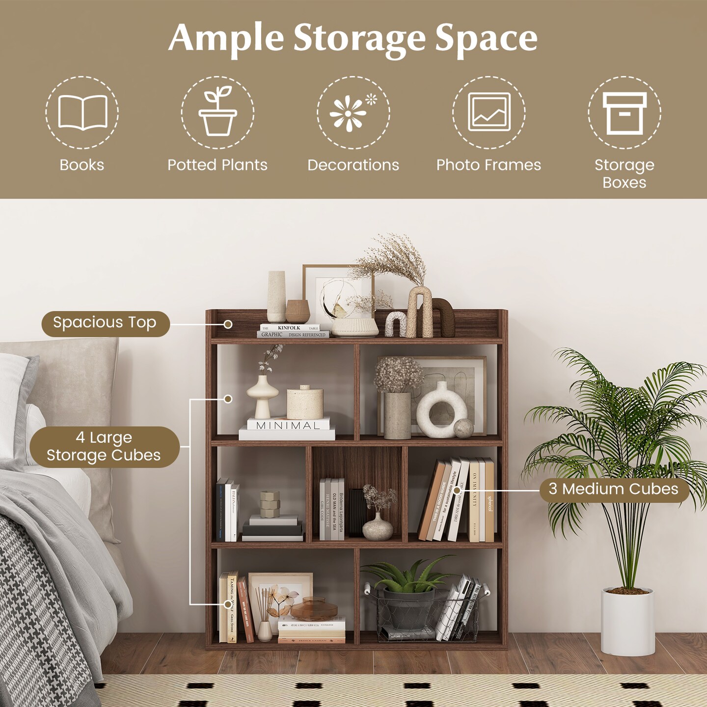 7-Cube Storage Bookshelf with Anti-toppling Safety Devices and Raised Edges