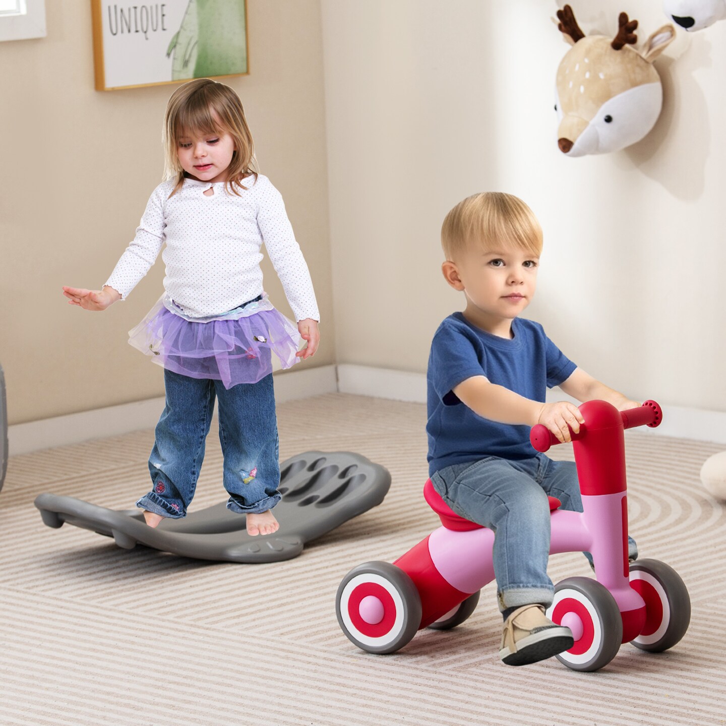 3-in-1 Kids Rocking Horse with Balance Board and Removable Seat - 16 L x 24 W x 18.5 H