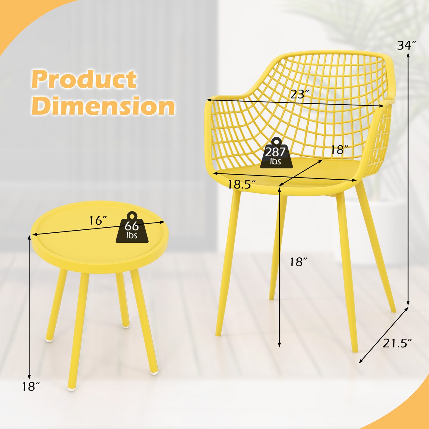 3 Piece Patio Chair Set with PP Seat and Tabletop for Porch - 21.5&#x22;x 23&#x22; x 34&#x22; (L x W x H)