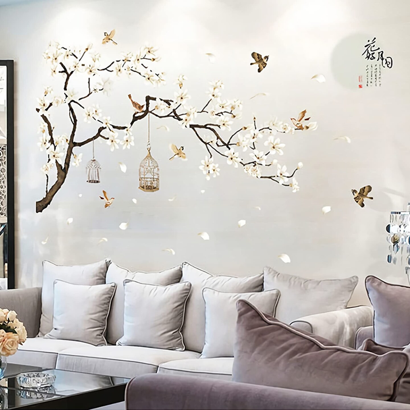 BWCXXZH Large White Flower Wall Stickers, 50&#x22;x74&#x22; Removable DIY Romantic Cherry Blossom Tree Wall Murals Peel and Stick 3D Wall Art Stickers Home Decor for Gilrs Bedroom Nursery Rooms Living Room