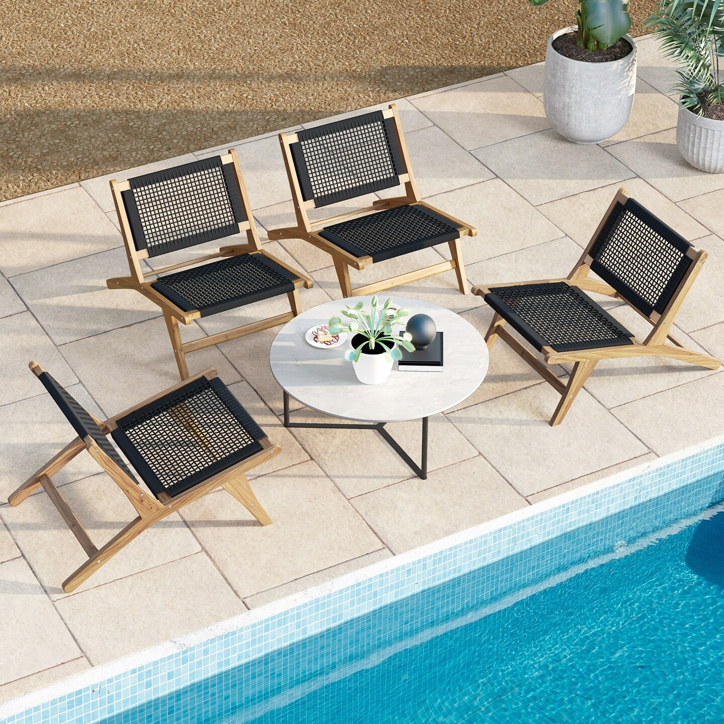 Indoor Outdoor Teak Wooden Chair with Handwoven Cordage Seat and Backrest - 36.5&#x22; x 23.5&#x22; x 25.5&#x22; (L x W x H)
