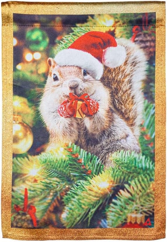 Santa Squirrel Christmas Garden Flag 2 Sided Lustre