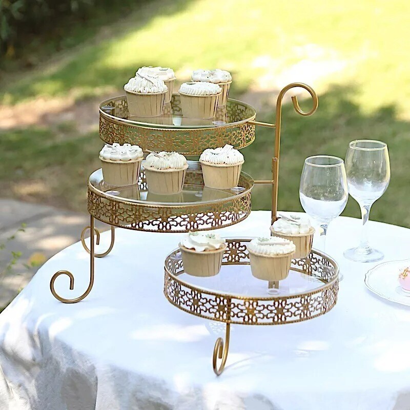 Gold 28 in Round 3-Tier Metal Rotating CUPCAKE STAND Clear Acrylic Plates Party
