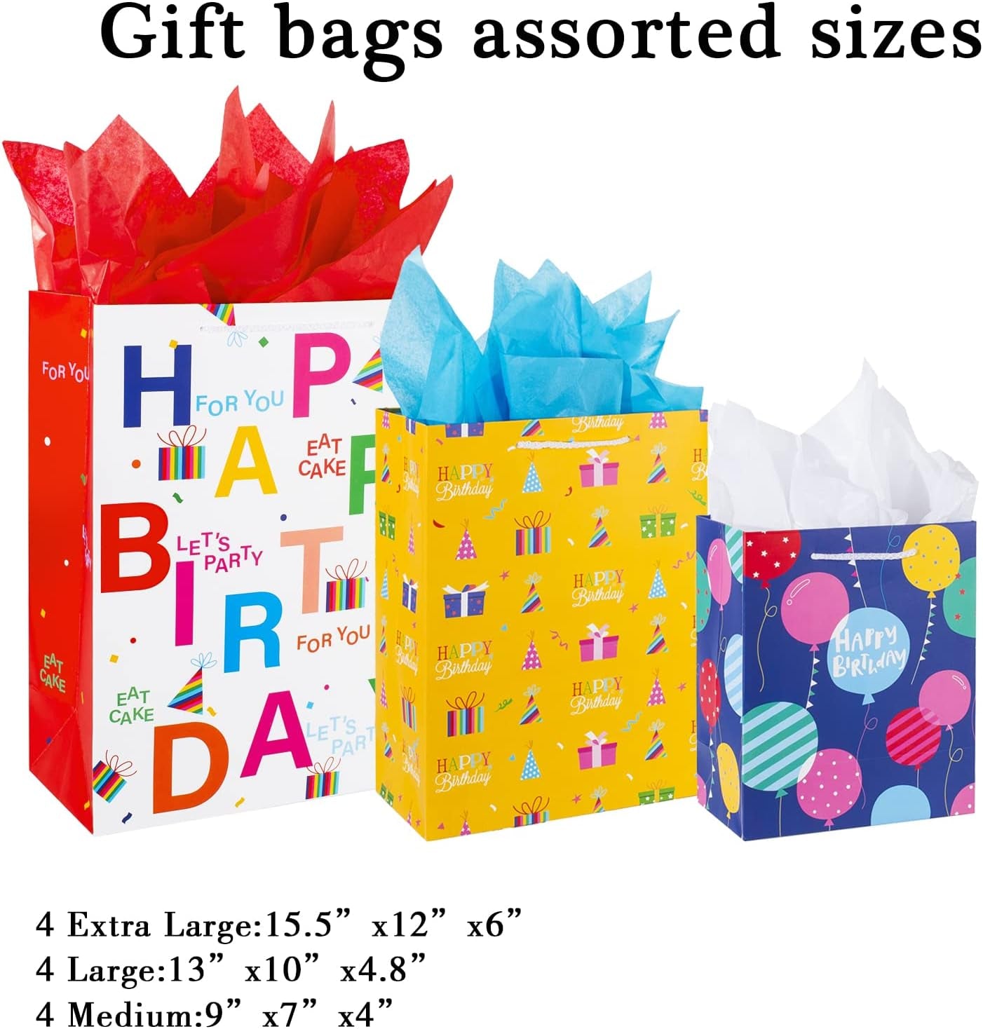 Birthday Gift Bag with Handle and Tissue Paper, 12 Pcs Gift Bags Assorted Sizes and Designs, Large, Medium, Small Size Birthday Gift Bag for Boys, Girls, 13&#x201D;, 9&#x201D; )