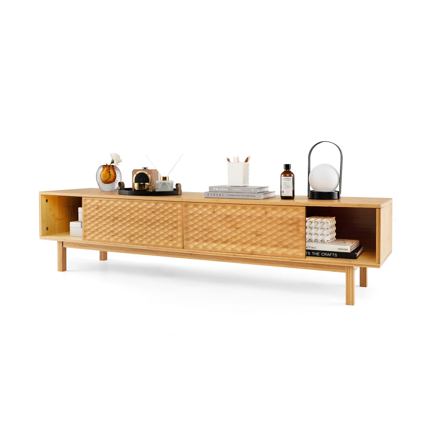 63 Inches Mid Century Modern Wicker TV Stand with Sliding Doors-Natural