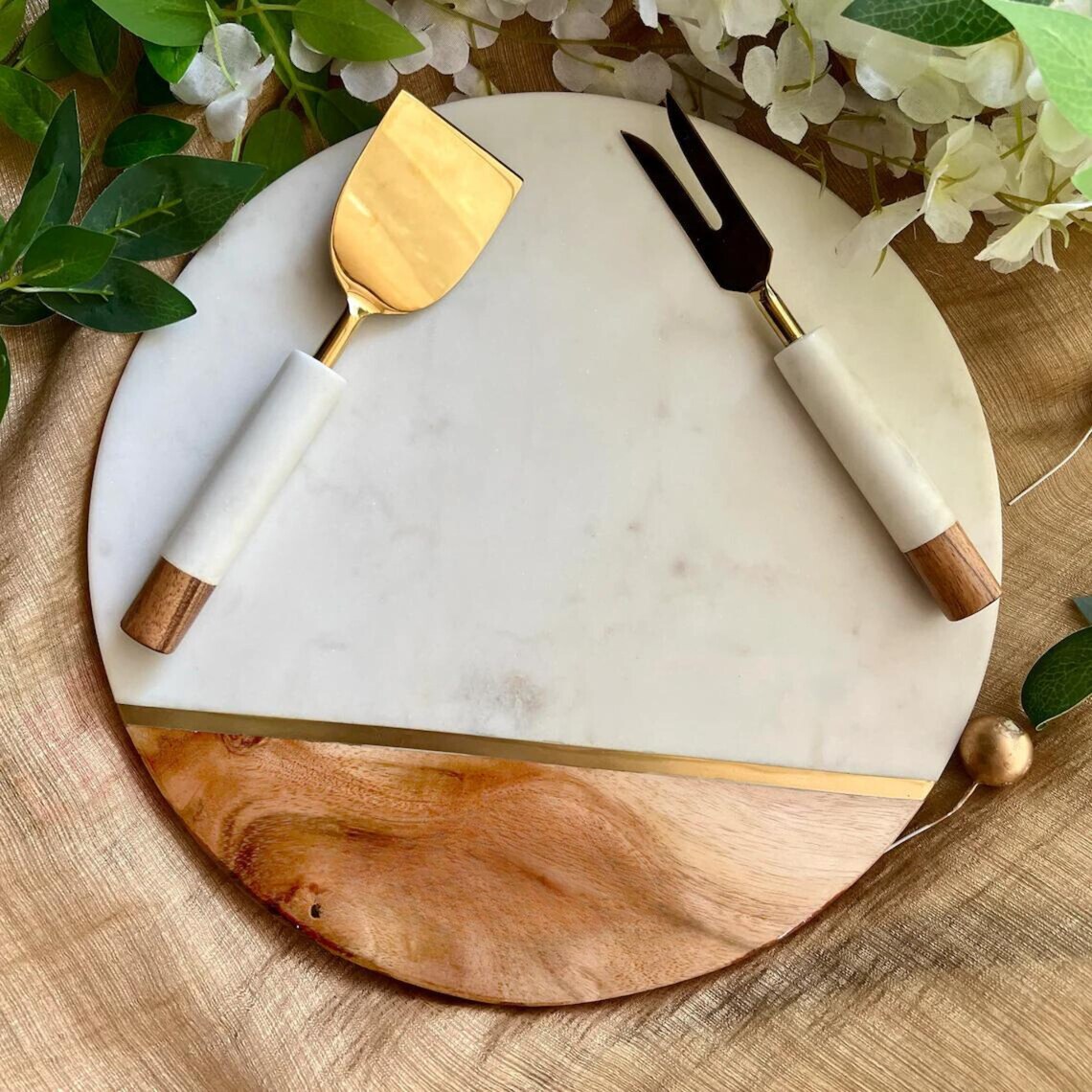 Wood And Marble Cheese Board and Cheese Knife Set, Round Cheese
