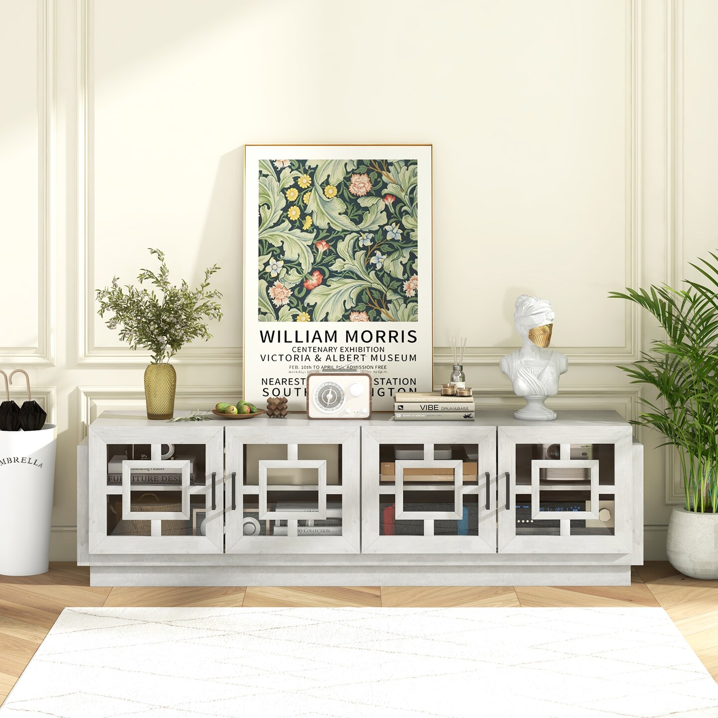 Large TV Stand for 75 Inch TV Media Console 4 Door Cabinet with Cable Management Oak White