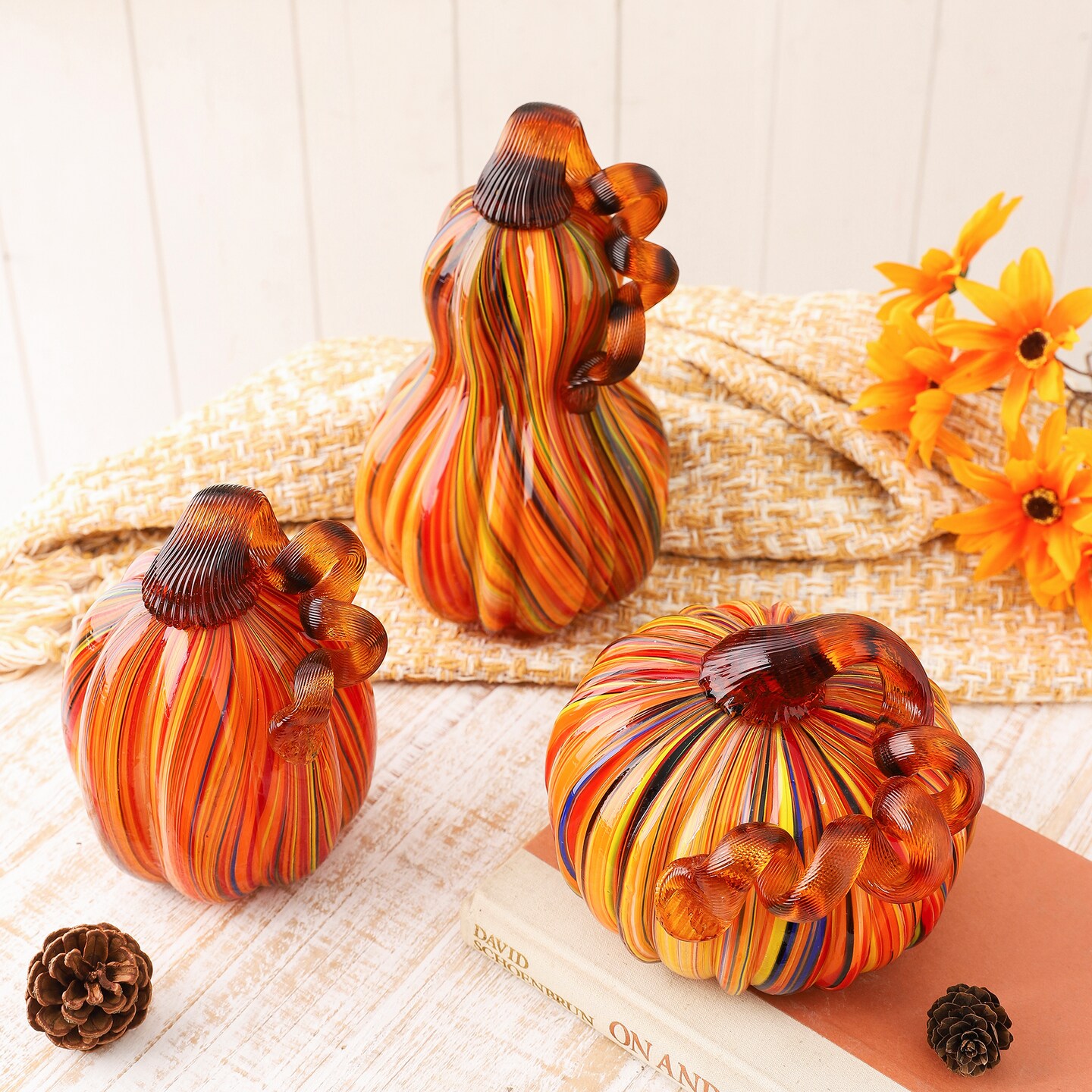 Set of 2/3 Handmade Mouthblown Multi Striped Glass Pumpkin &#x26; Gourd