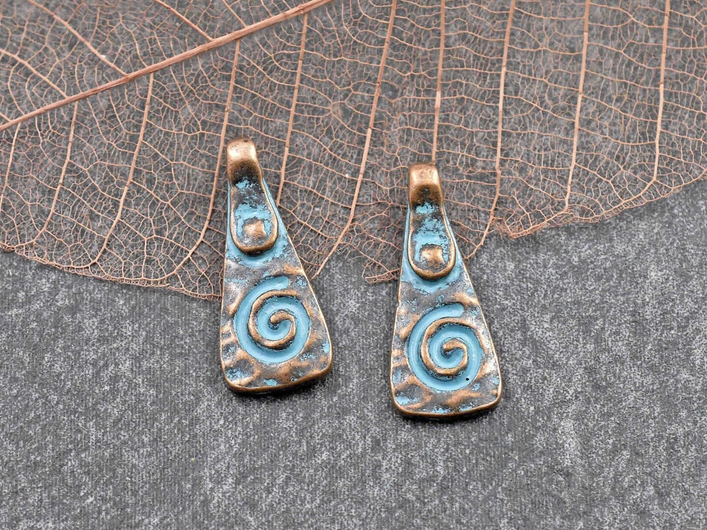 *10* 20x8mm Copper Patina Mayan Spiral Drop Charms