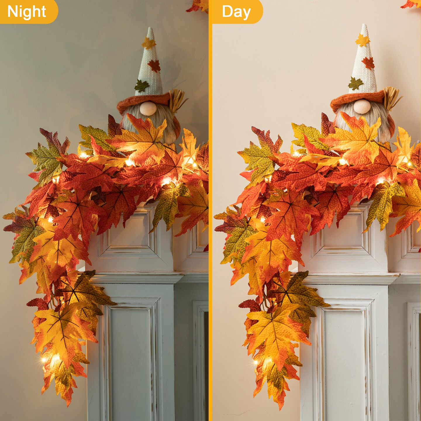 Set of 2 Fall Lighted Maple Leaves Wreath/Garland with Timer