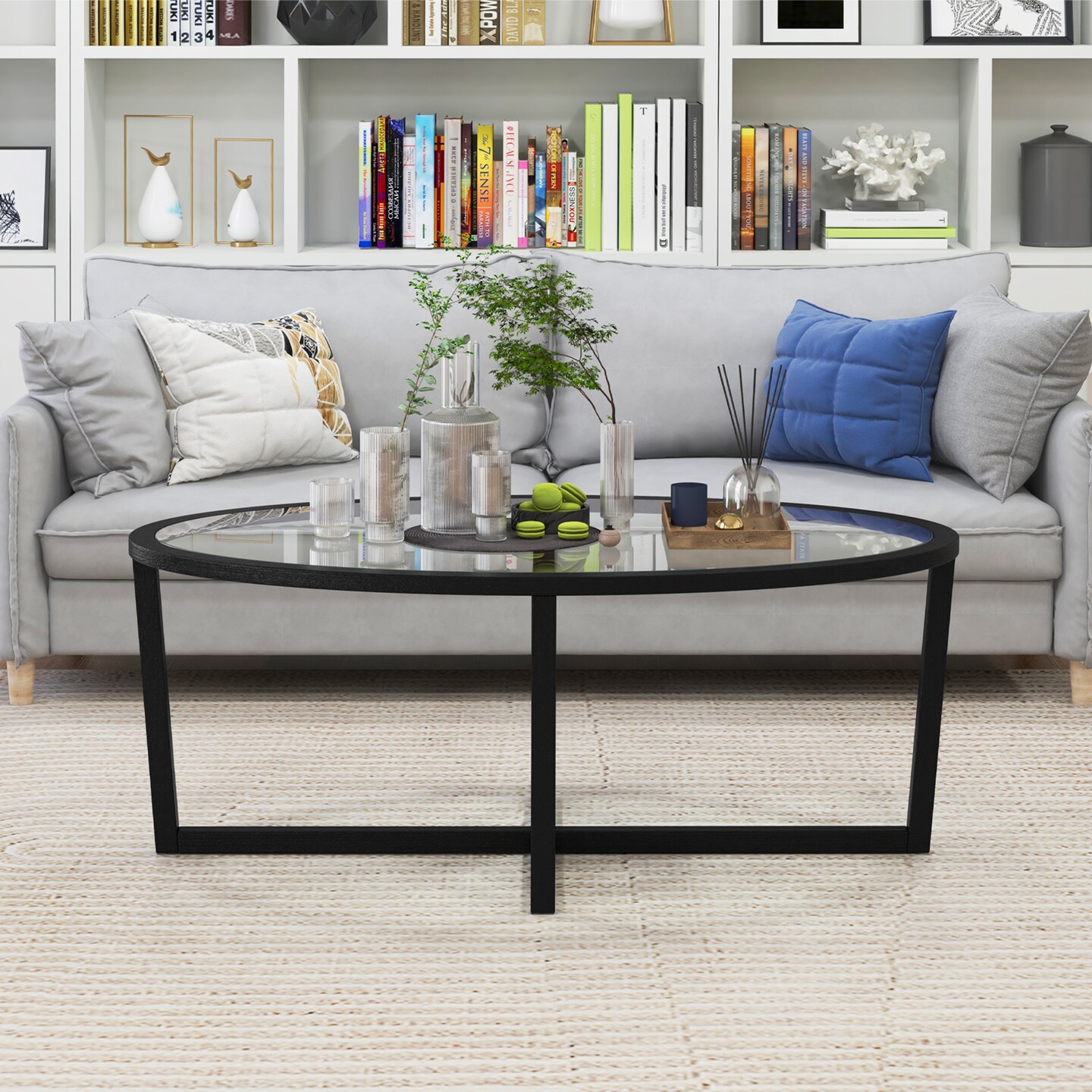 Glass Coffee Table Oval Living Room Table with Cross Base and Acacia Wood Legs - 46.5&#x22; x 28&#x22; x 18.5&#x22; (L x W x H)