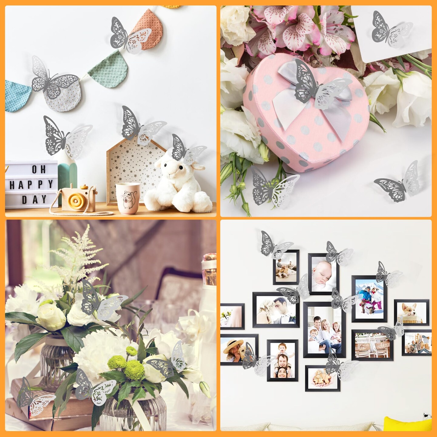 Crosize 48 Pcs Silver Butterfly Decorations, 4 Styles 3 Sizes, Butterfly Wall Decor, 3D Butterfly Party Decorations, Butterflies for Crafts, Bouquet, Cake Decorating, Flower Arrangements, Room Décor