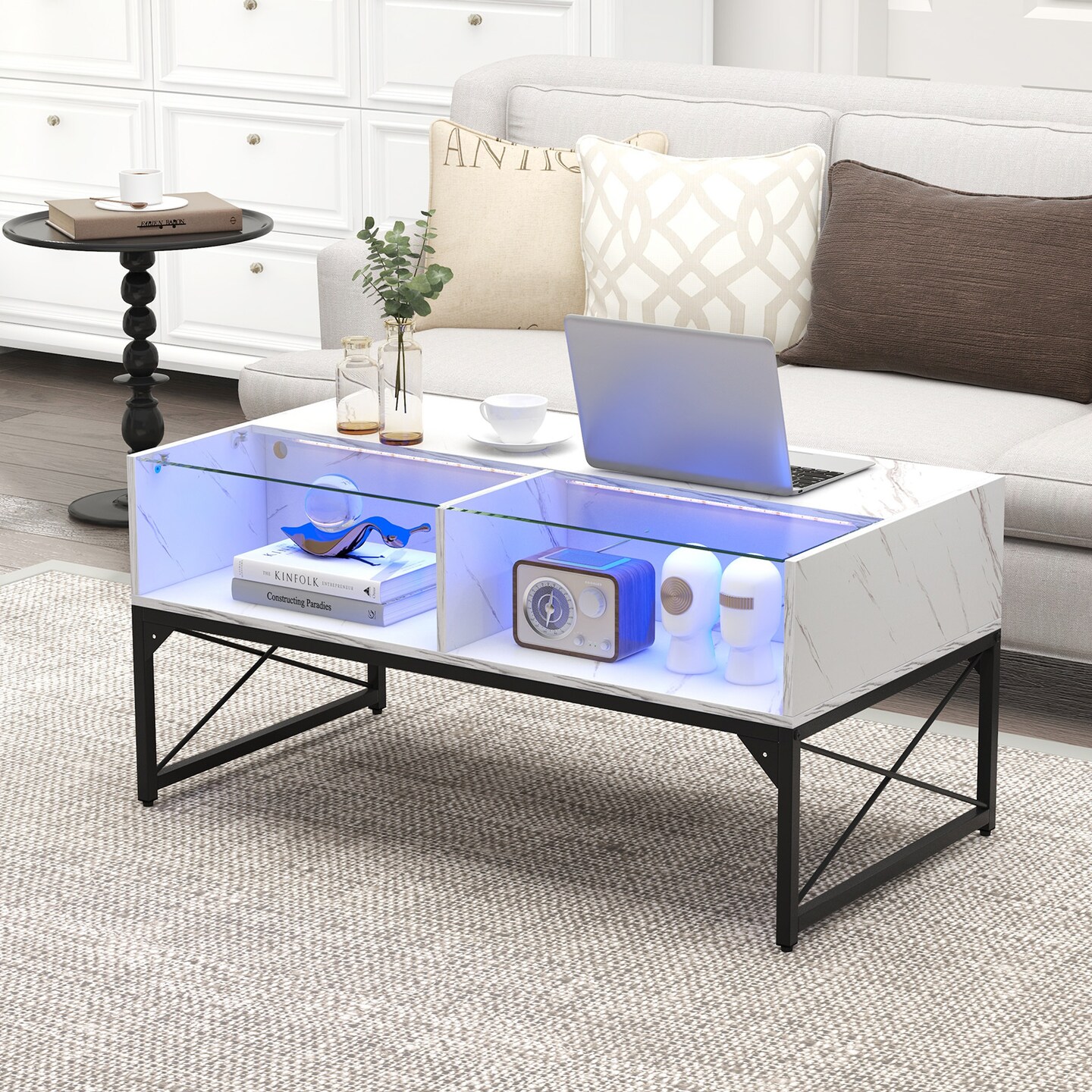 Center Table with Faux Marble and Tempered Glass Top