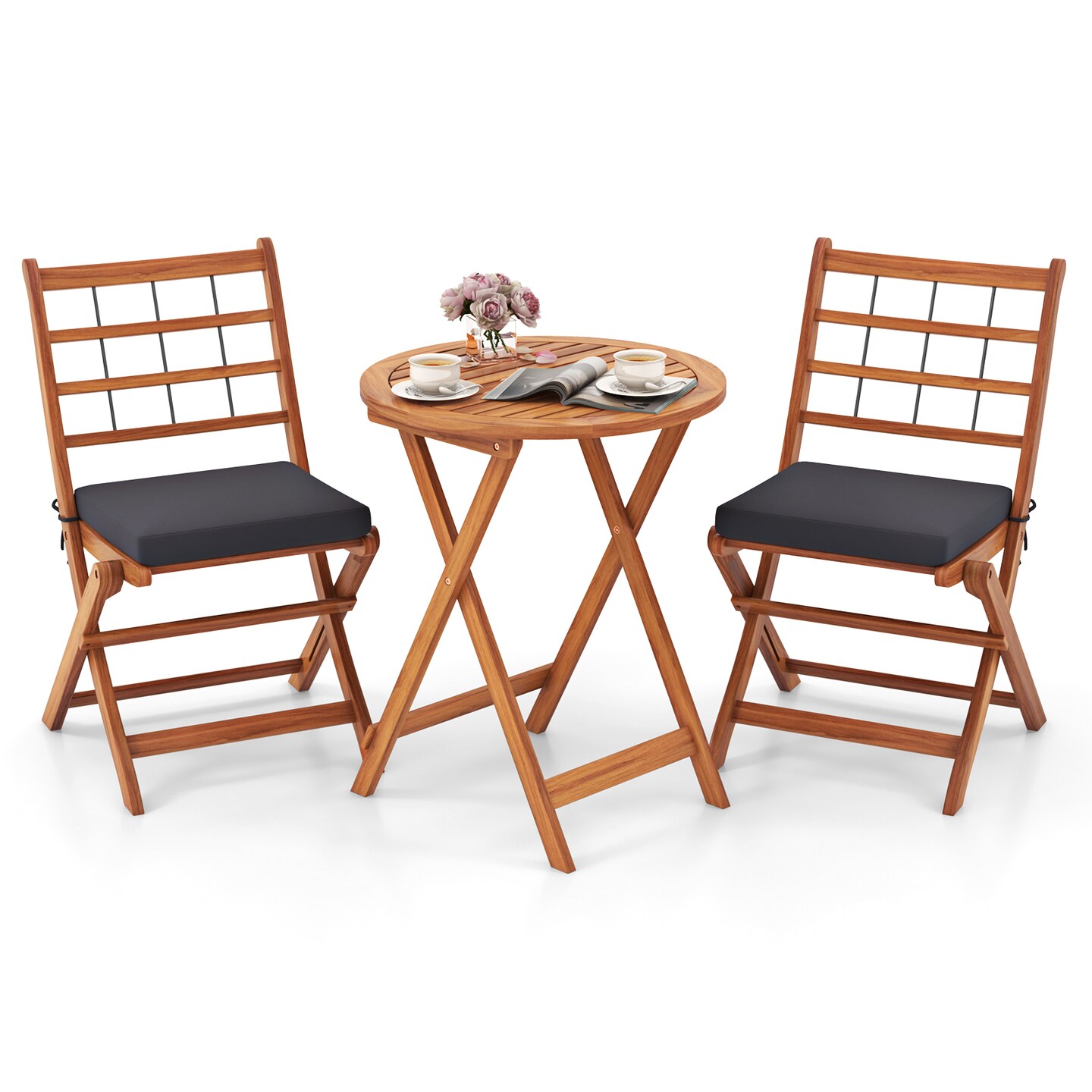 3 Pieces Acacia Wood Patio Bistro Set with Cushions