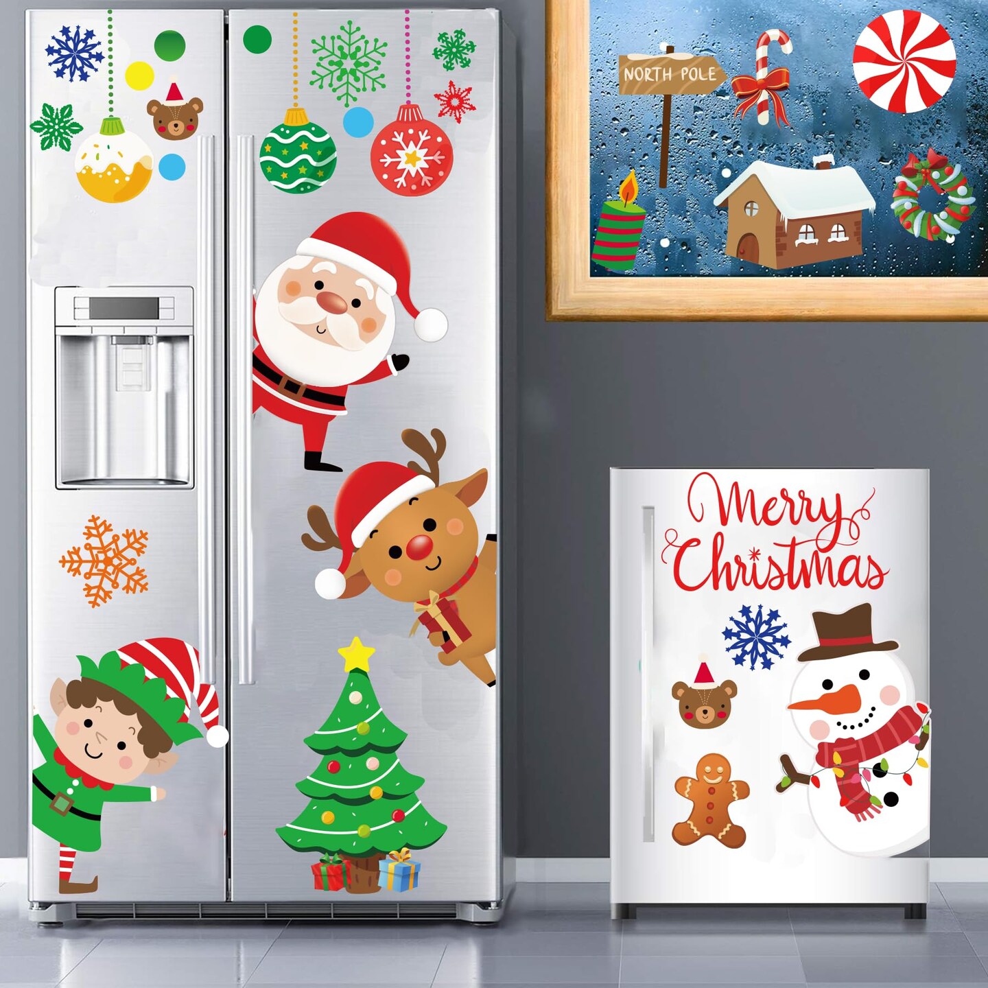 Christmas Wall Decals 96PCS Christmas Wall Stickers Removable Large Merry Christmas Wall Decorations Christmas Bathroom Wall Decor Santa Claus,Snowman,Reindeer Window Clings for Outdoor,Indoor