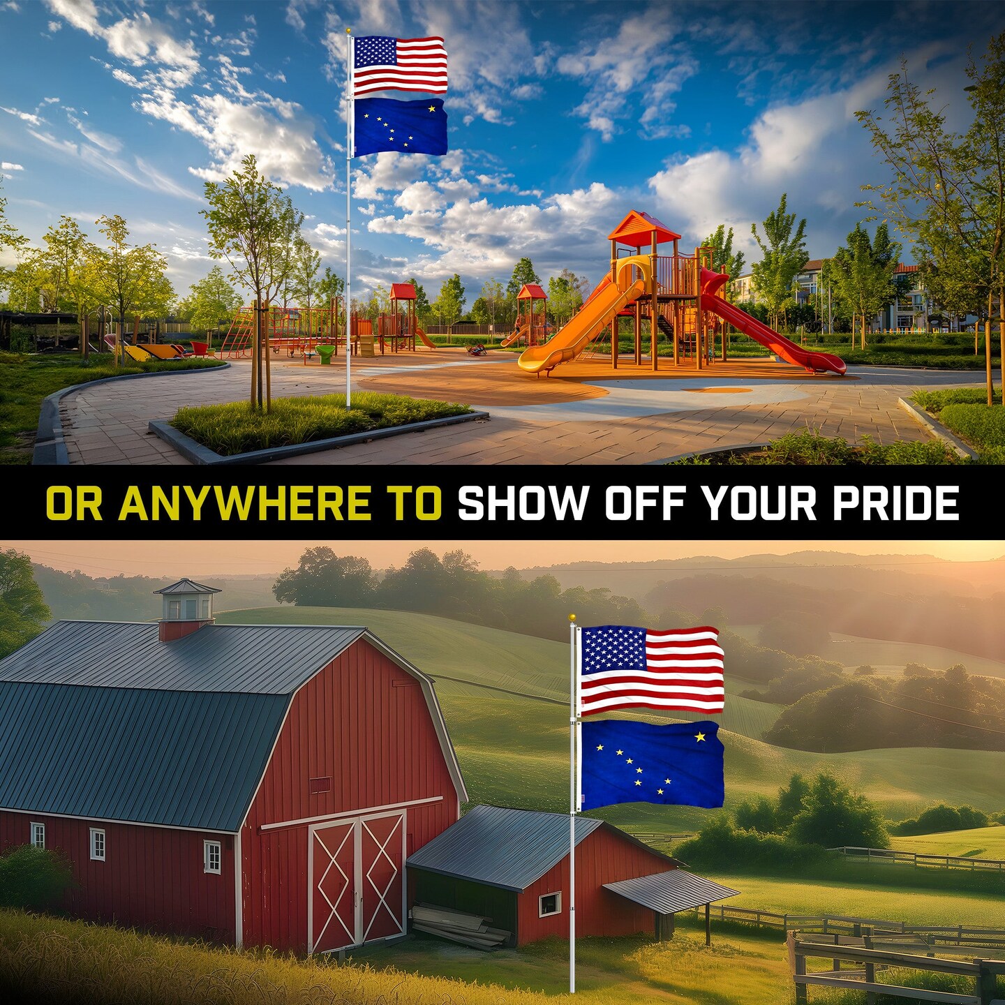 G128 Combo Pack: 20 Ft Telescoping Aluminum Flagpole (Silver) &#x26; American and Alaska Flags 3x5 Ft, Both ToughWeave Series Embroidered Polyester | Pole with Flags Included