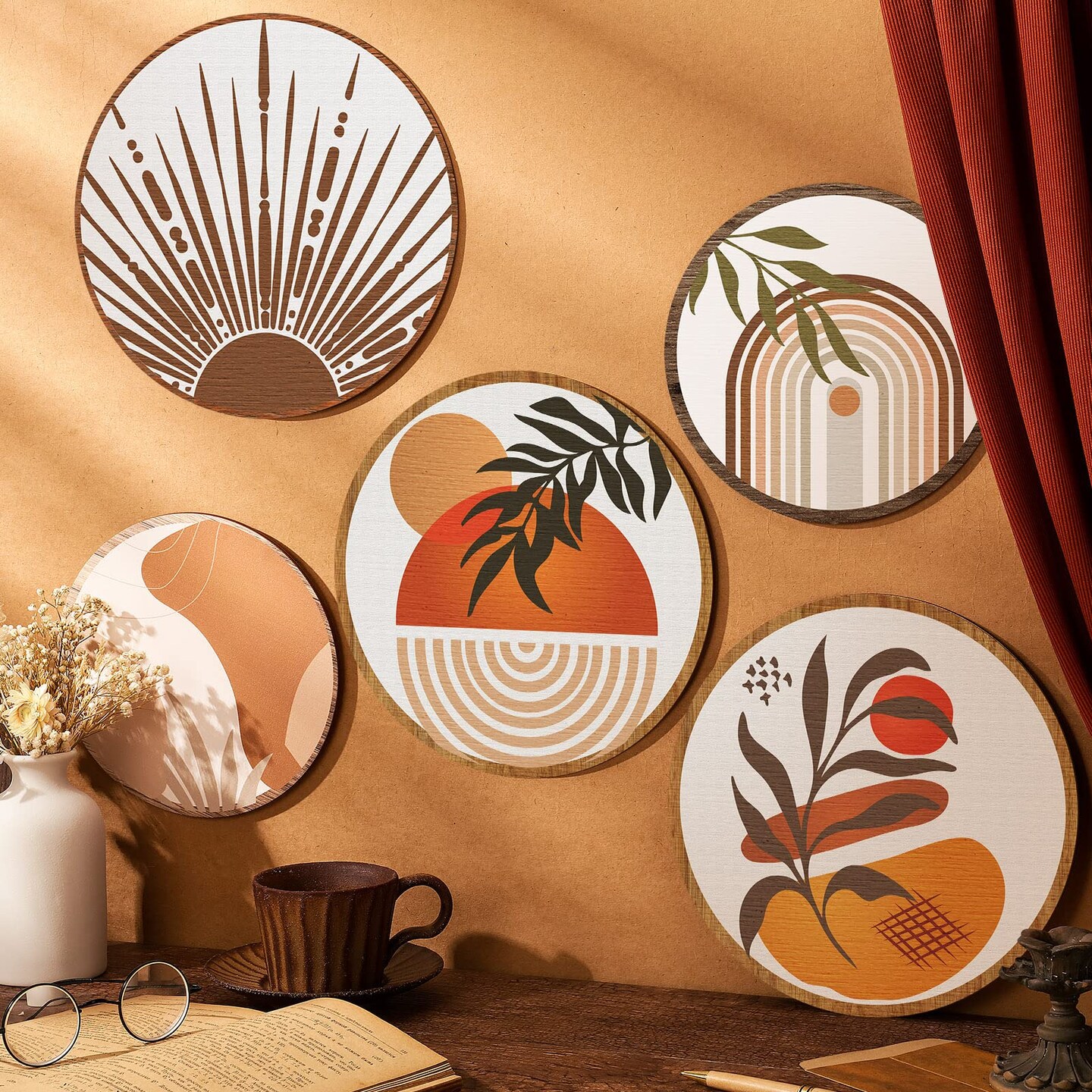 5 Pcs Boho Wall Art Decor Wooden Living Room Wall Decor Bohemian Wall Hanging Decor Farmhouse Geometric Hanging Decor 10'' and 8'' Aesthetic Wood Minimalist Wall Art for Apartment Bedroom (Boho)