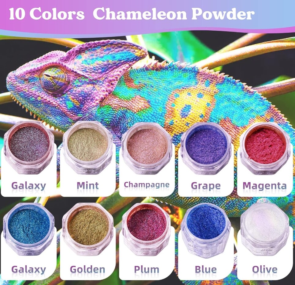 LET&#x27;S RESIN Chameleon Powder, 10 Jar Color Shift Mica Powder for Epoxy Resin/Tumbler, Saturated Color Shifting Chrome Pigment Powder for Painting,Slime,Nails