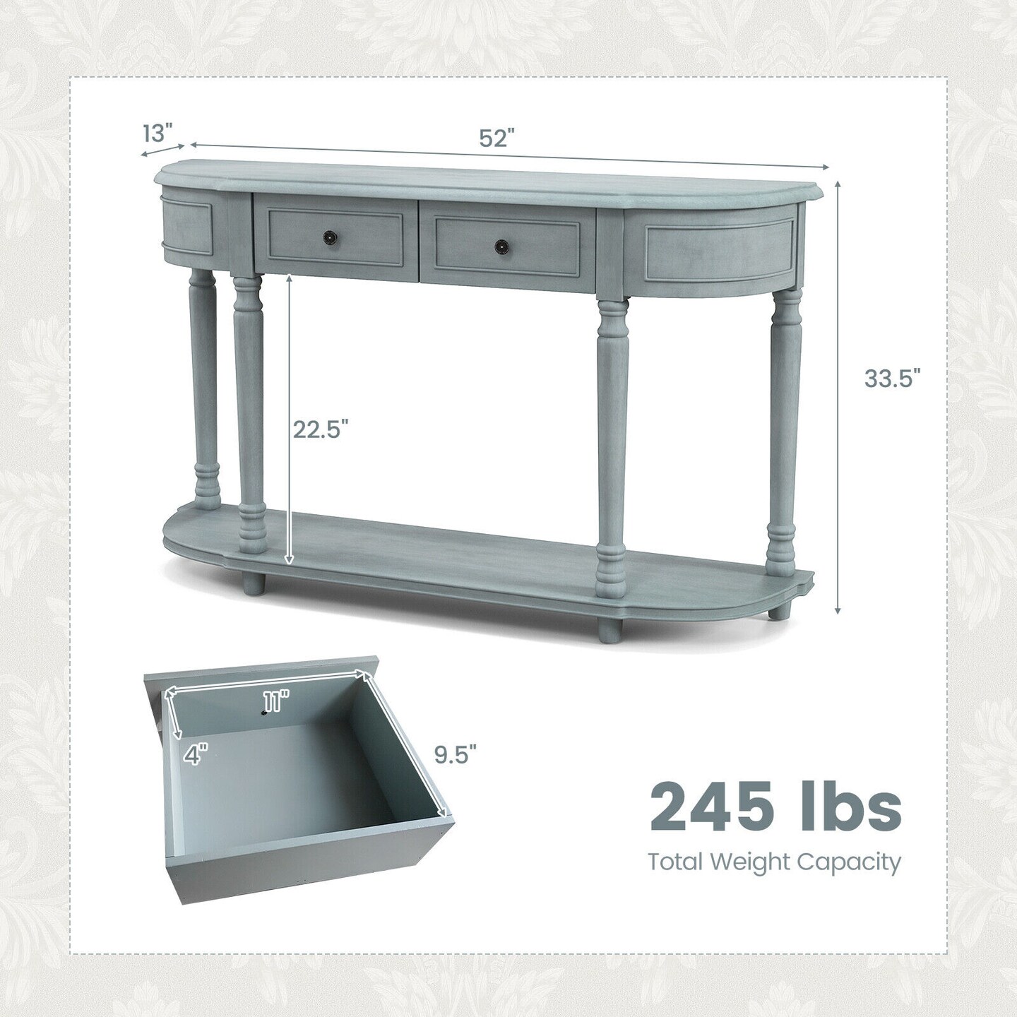 52&#x22; Retro Console Table with 2 Drawers and Open Shelf Entryway Sofa Table-Blue
