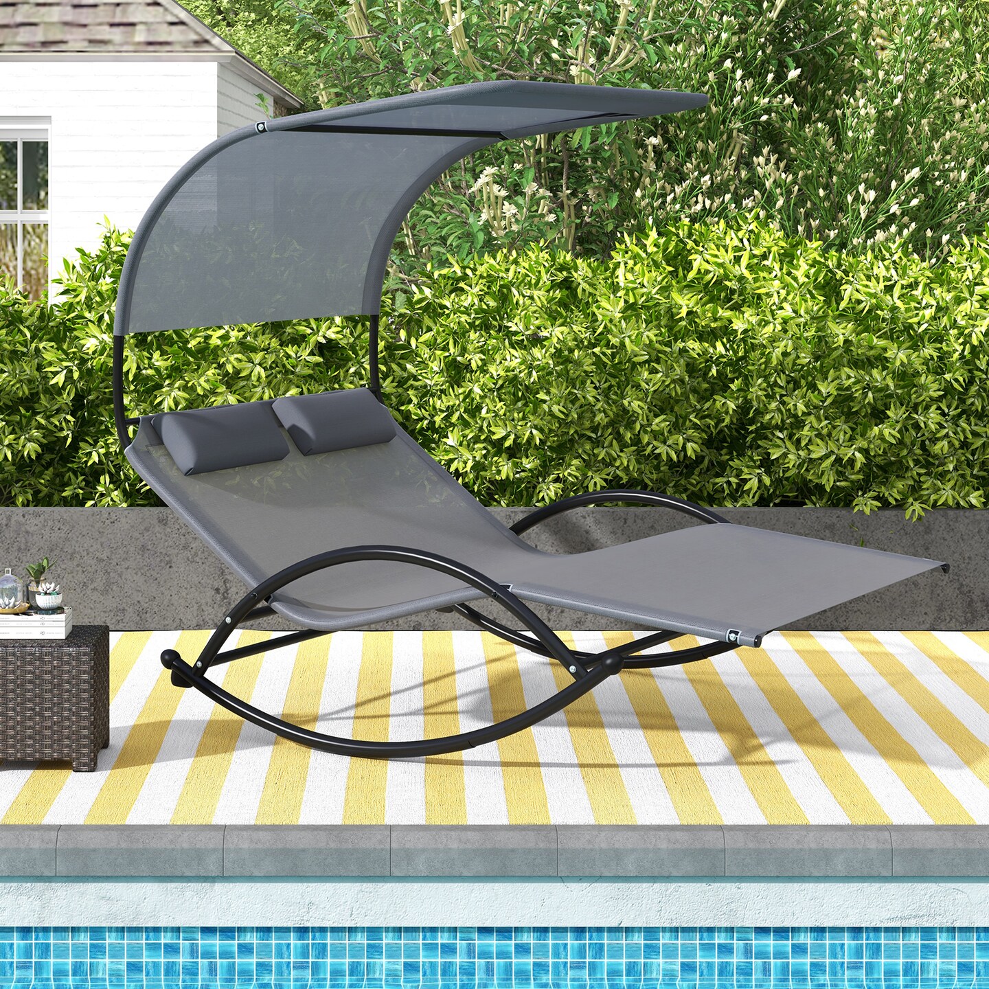 Outdoor Dual Rocker Sunbed 2-Person Canopied Patio Lounger with Detachable Headrests-Grey