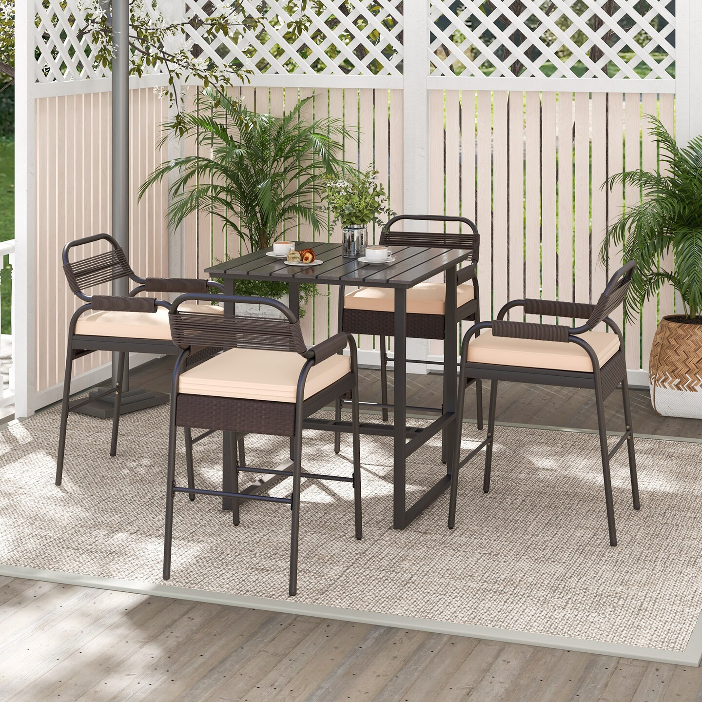 5 Piece Patio Bar Set PE Rattan Counter Table Set With 4 Stools Outdoor Furniture Mix Brown