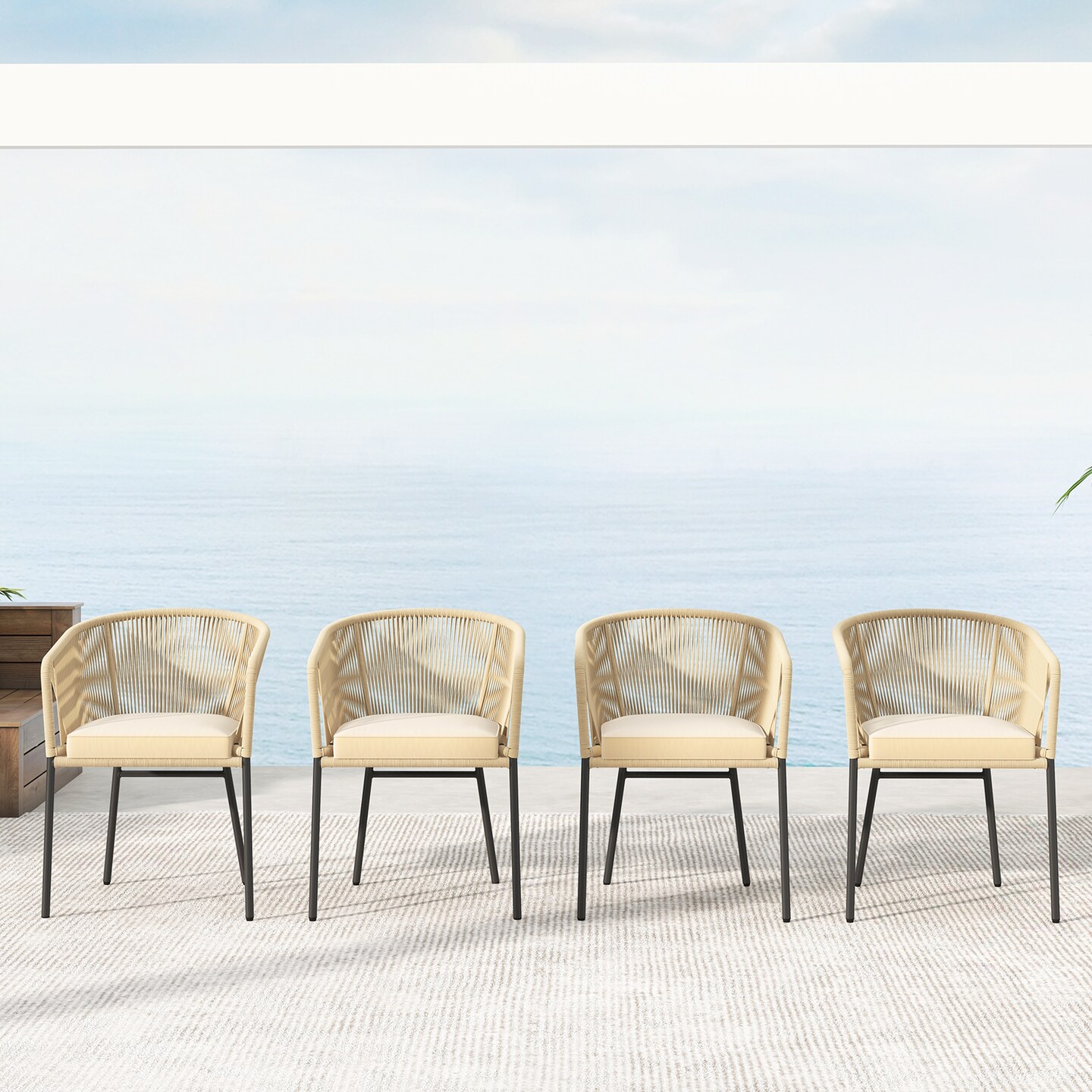 Patio Chair Metal Frame Cushioned Seat Ergonomic Backrest Outdoor Beige