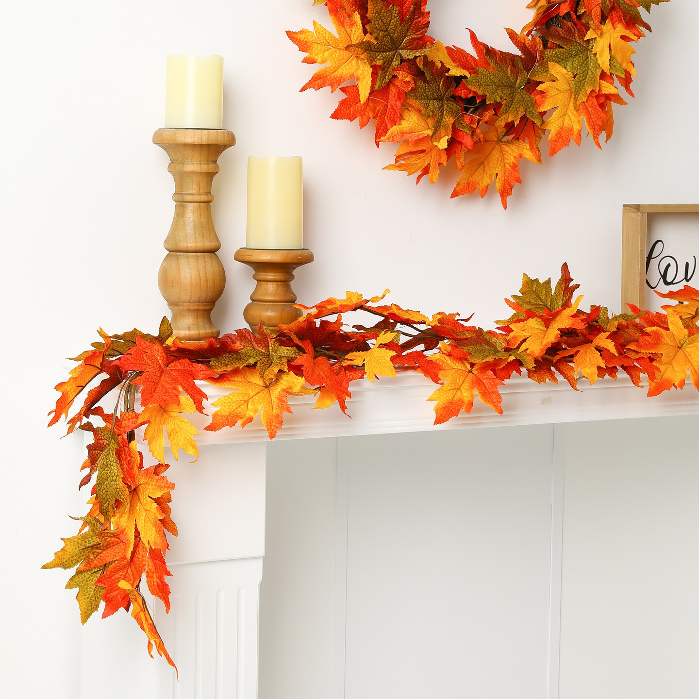 Set of 2 Fall Lighted Maple Leaves Wreath/Garland with Timer