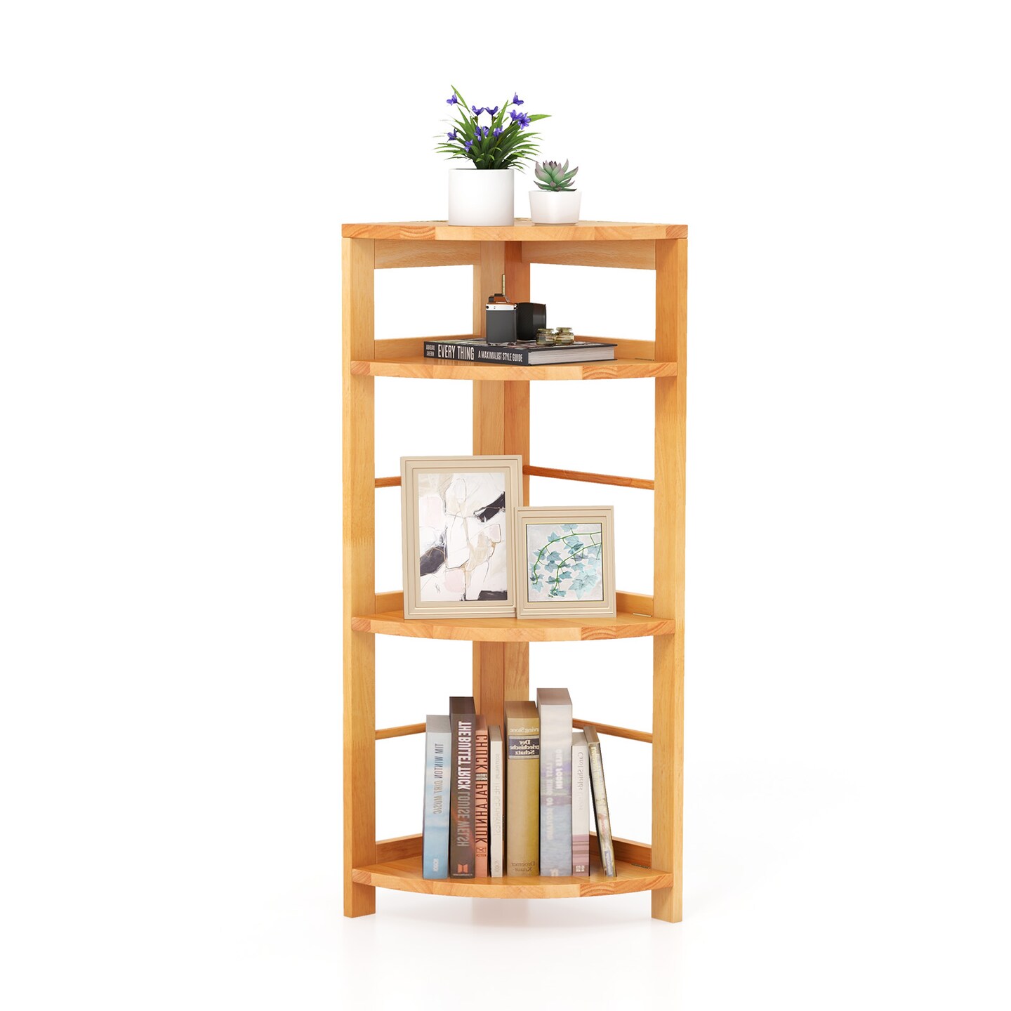 4-Tier Corner Shelf with Rubber Wood Frame and Anti-Toppling Kit - 12&#x22; x 12&#x22; x 34&#x22; (L x W x H)