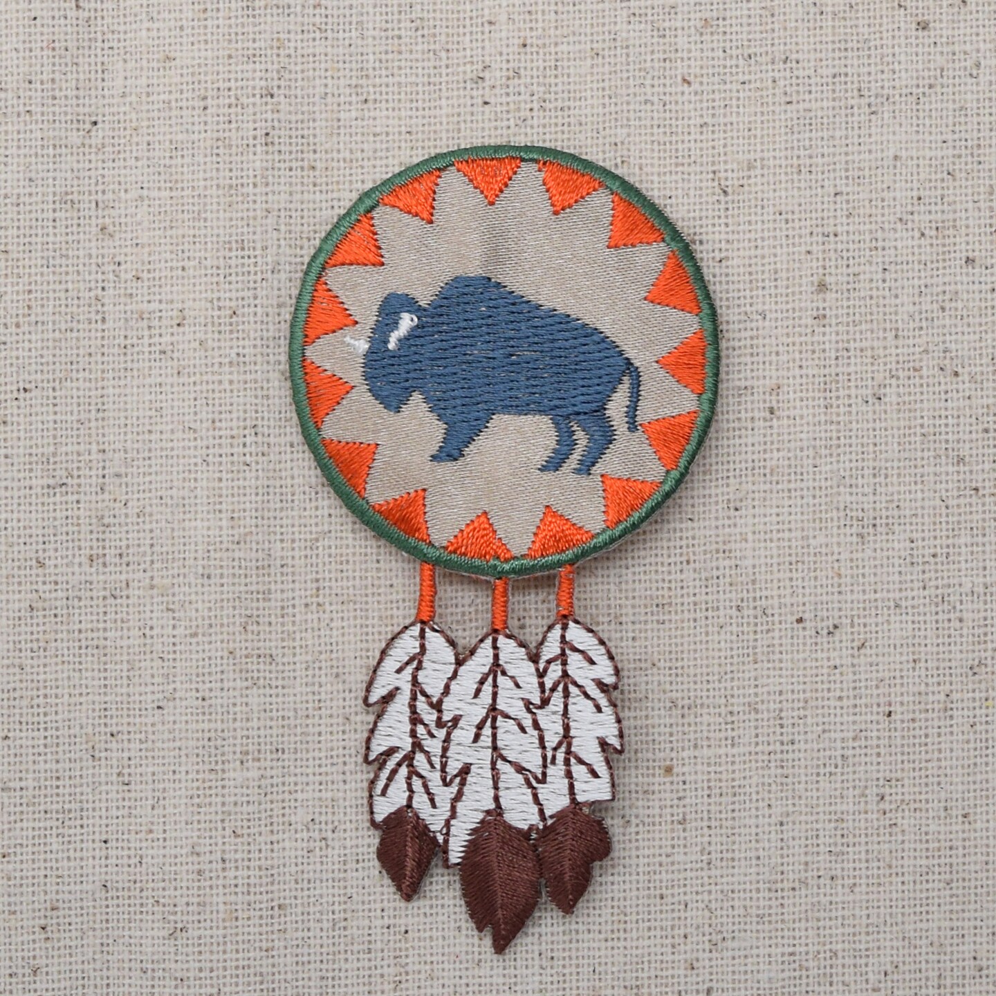 Buffalo Round with Feathers, Native, Embroidered, Iron on Patch