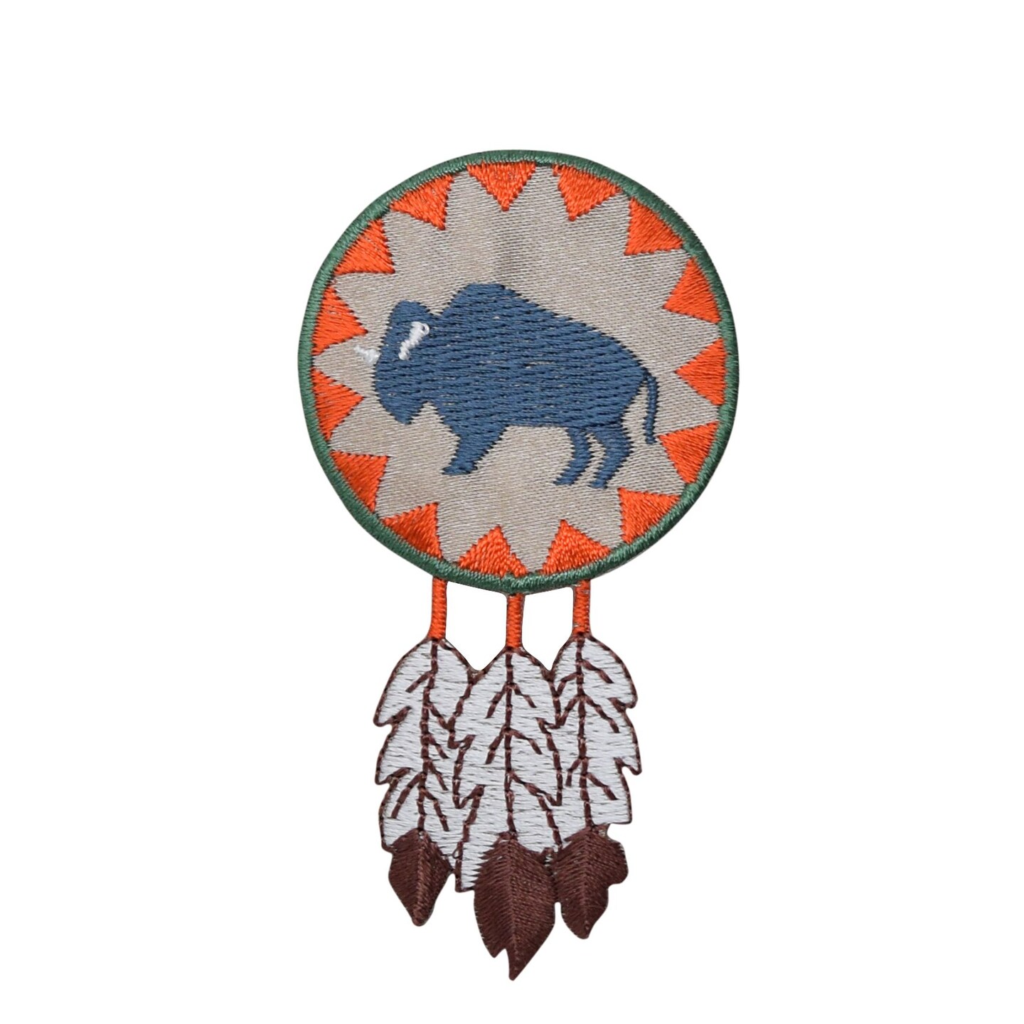 Buffalo Round with Feathers, Native, Embroidered, Iron on Patch