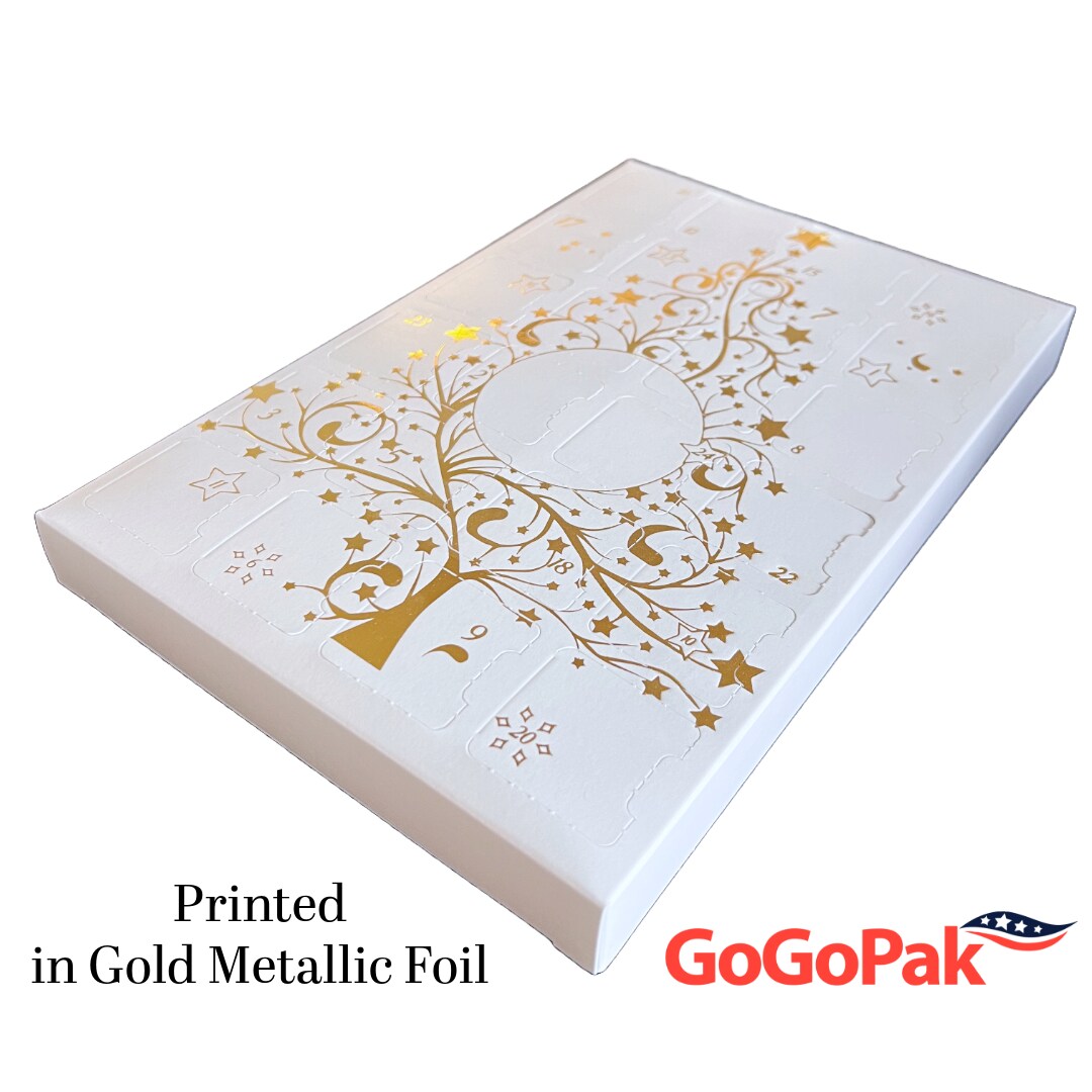Made in USA - 10 Sets - Empty Advent Calendar Boxes & Trays - Gold Tree Design - Food Safe - Area for Sublimation Printing