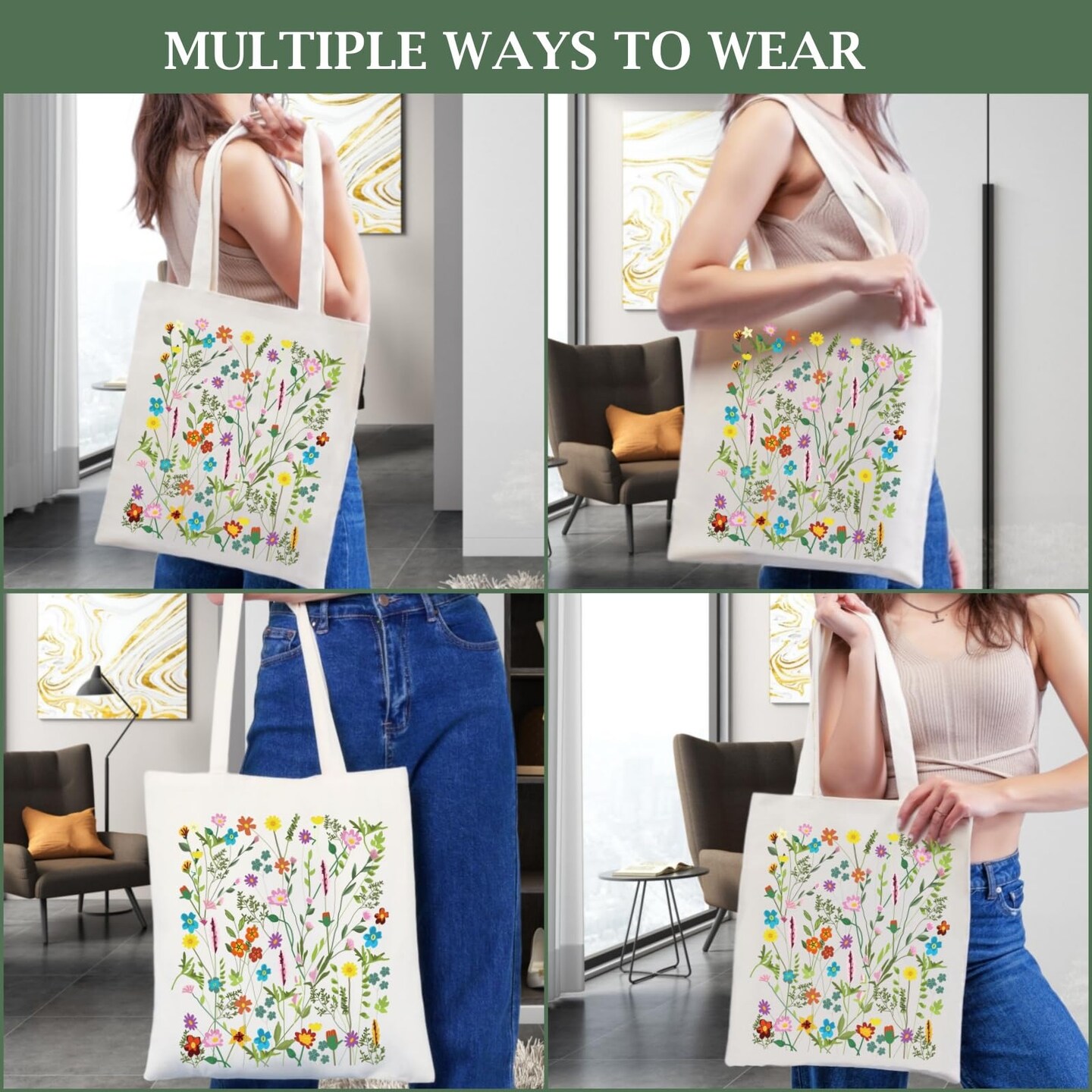 Canvas Tote Bag for Women Aesthetic Cute Shopping Grocery Reusable Bags with Inner Zipper Women Gift