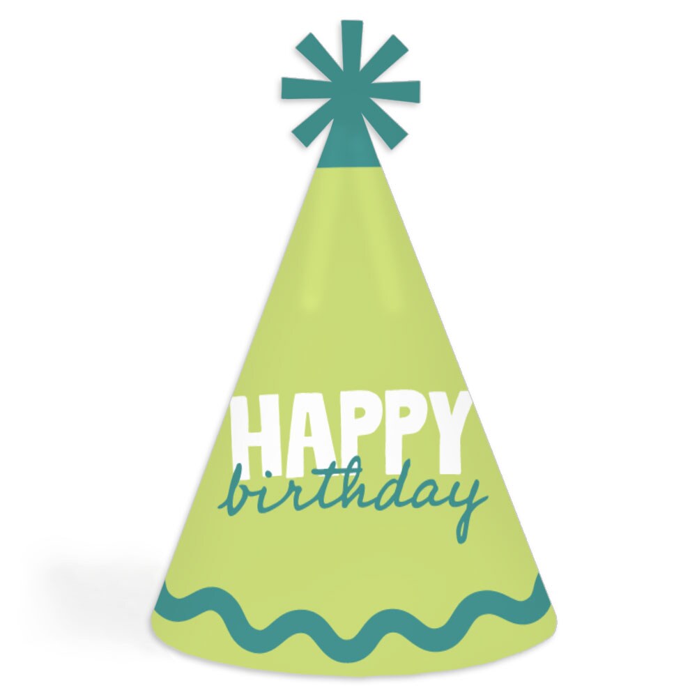 Big Dot of Happiness Light Green and Teal Wavy Happy Birthday Cone Party Hats, Retro Party Decorations, Birthday Party Hats Kids & Adults - Set of 8