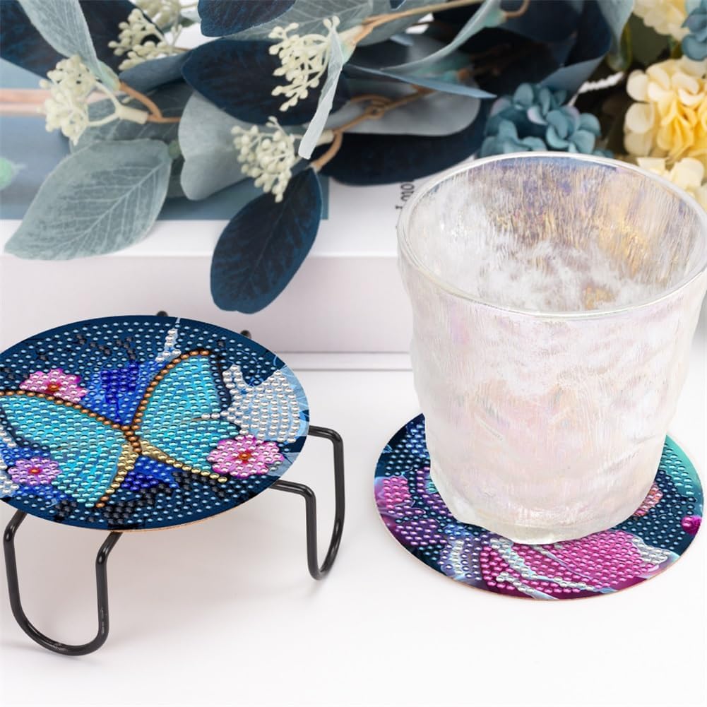 10 Pcs Butterfly Diamond Art Painting Coasters Diamond Art Coasters with Holder, DIY Flowers Diamond Art Painting Kits for Beginners, Adults & Kids, Diamond Kits Craft Supplies, Coasters Gift
