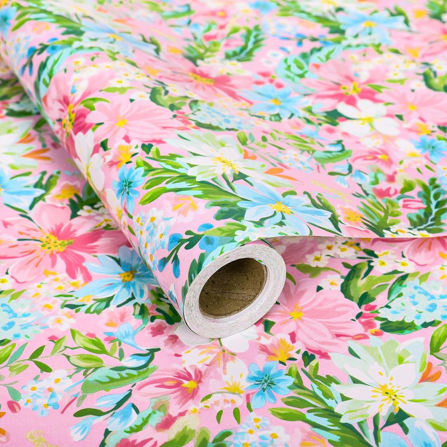 Spring Floral Wrapping Paper – Mini Roll 17" x 32.8 Ft | Watercolor Pink & Blue Flowers for Wedding, Birthday, Baby Shower & DIY Crafts (Pink)