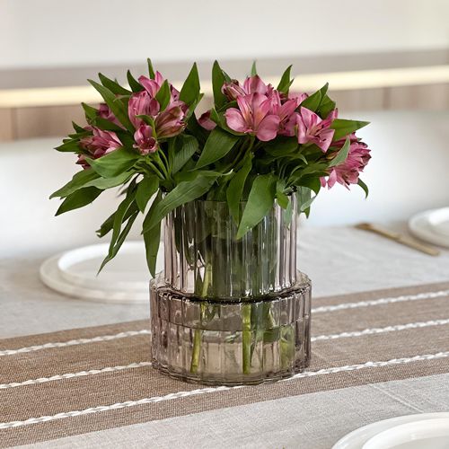 Wide Neck Short Amber Ribbed Glass Vase