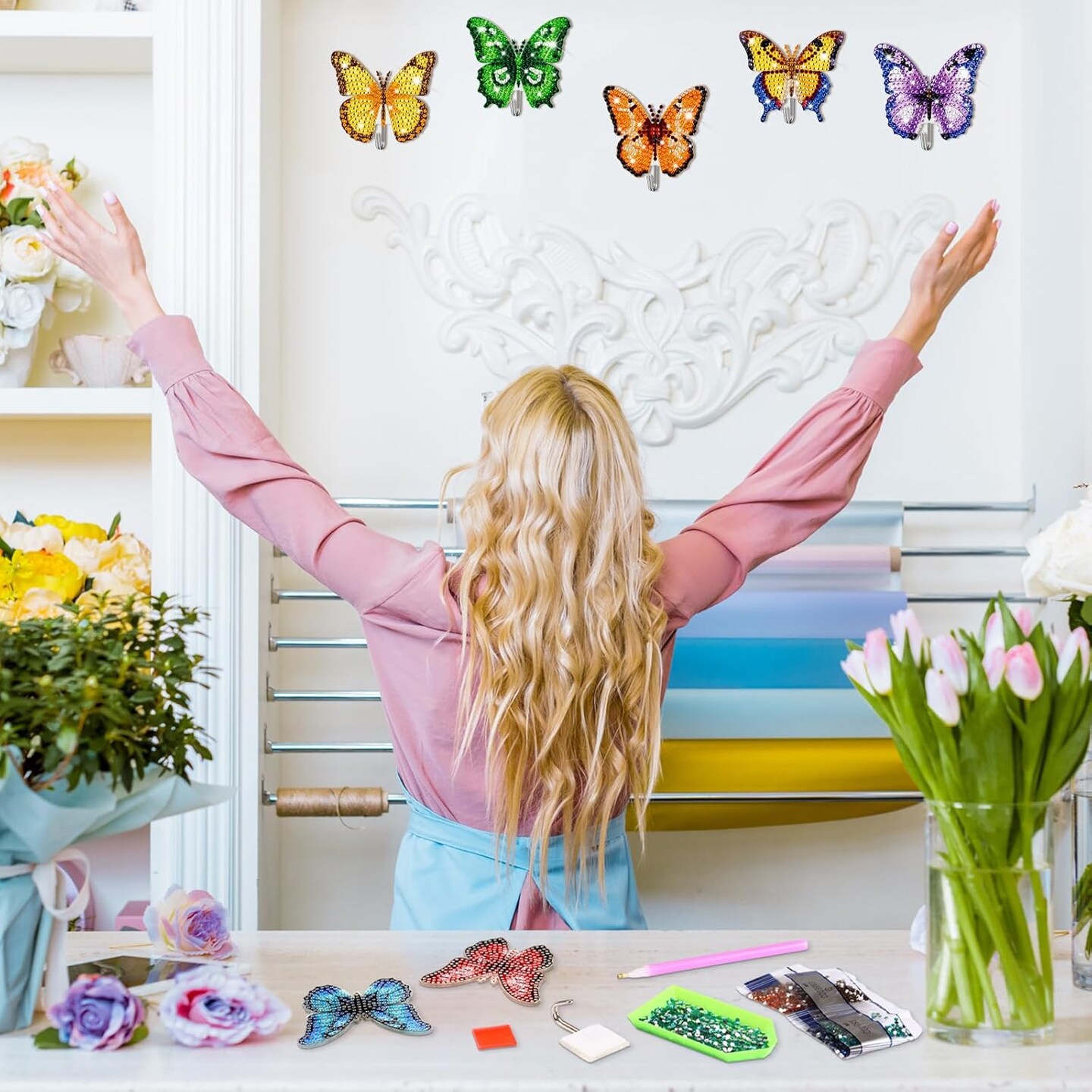 25 PcsDIY Diamond Art Painting Wall Hook Key Holder Butterfly Wall Hooks Rhinestone Dot Gem Art Kits Sticky Hooks for Towel Hat Kitchen Decoration