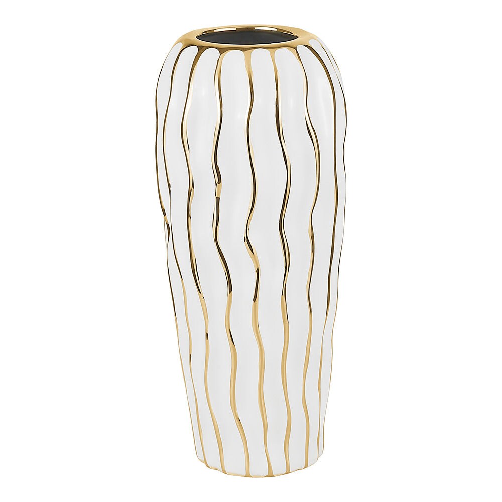 Elegant White Porcelain Vase with Gold Wavy Design By Kinor Decor