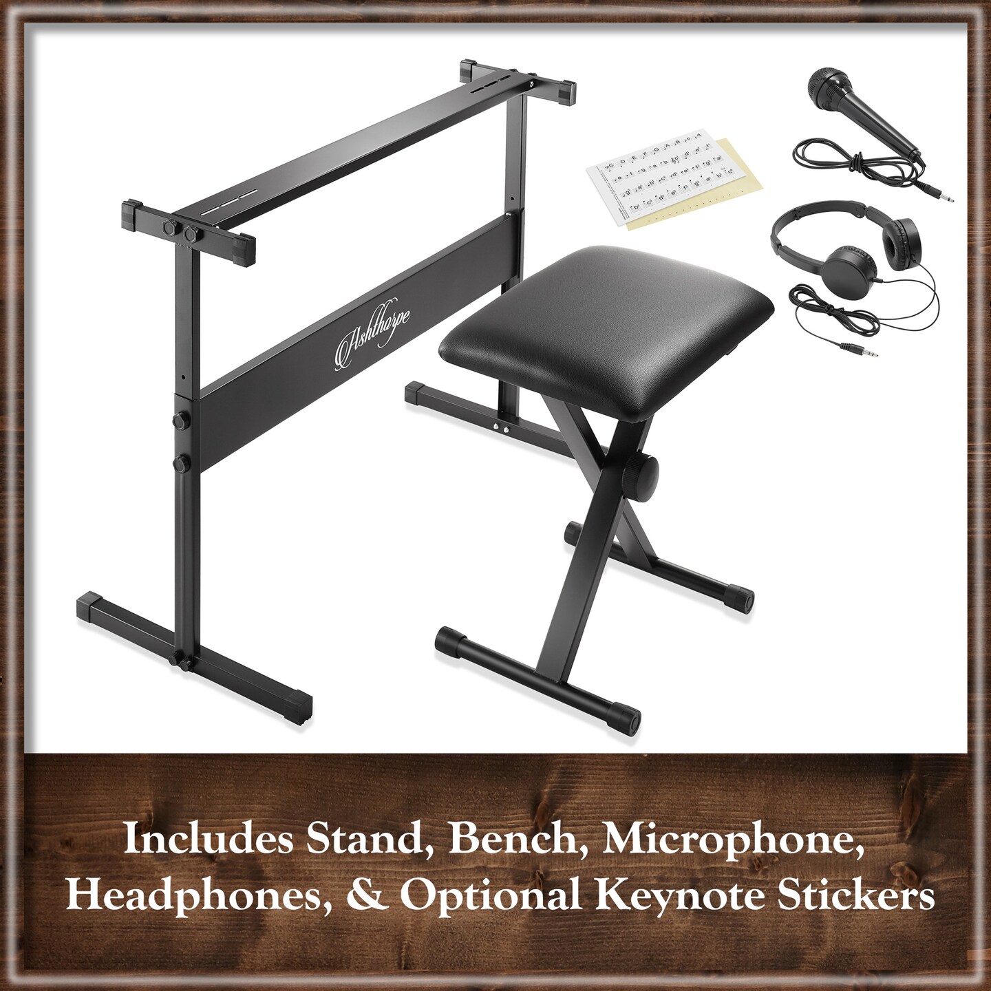 Ashthorpe 61-Key Digital Keyboard Piano with Lighted Keys, Stand, and Bench, Portable Electronic Piano Keyboard Kit with Headphones and Microphone