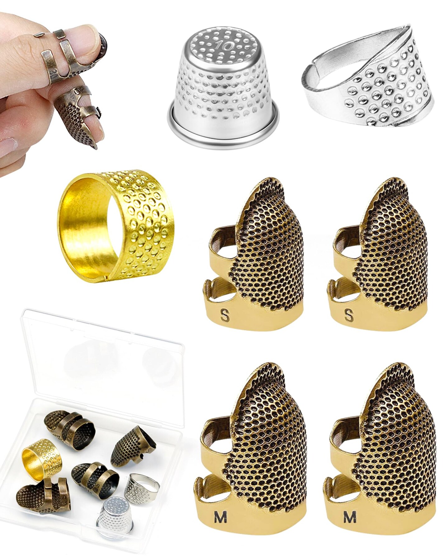 Thimble Kit– 7 PCS Sewing Thimbles for Hand Sewing, Metal Finger Protectors, Thimble Ring for Quilting and Embroidery