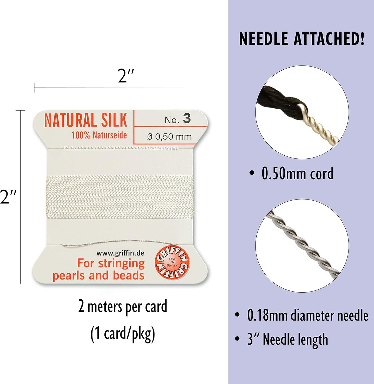Griffin Silk Bead Cord Perlseide – Size 3 (0.50mm) – 2 Meters per Card – Stainless Steel Needle Attached – for Knotting Pearls, Gemstones, Crystals and Beads