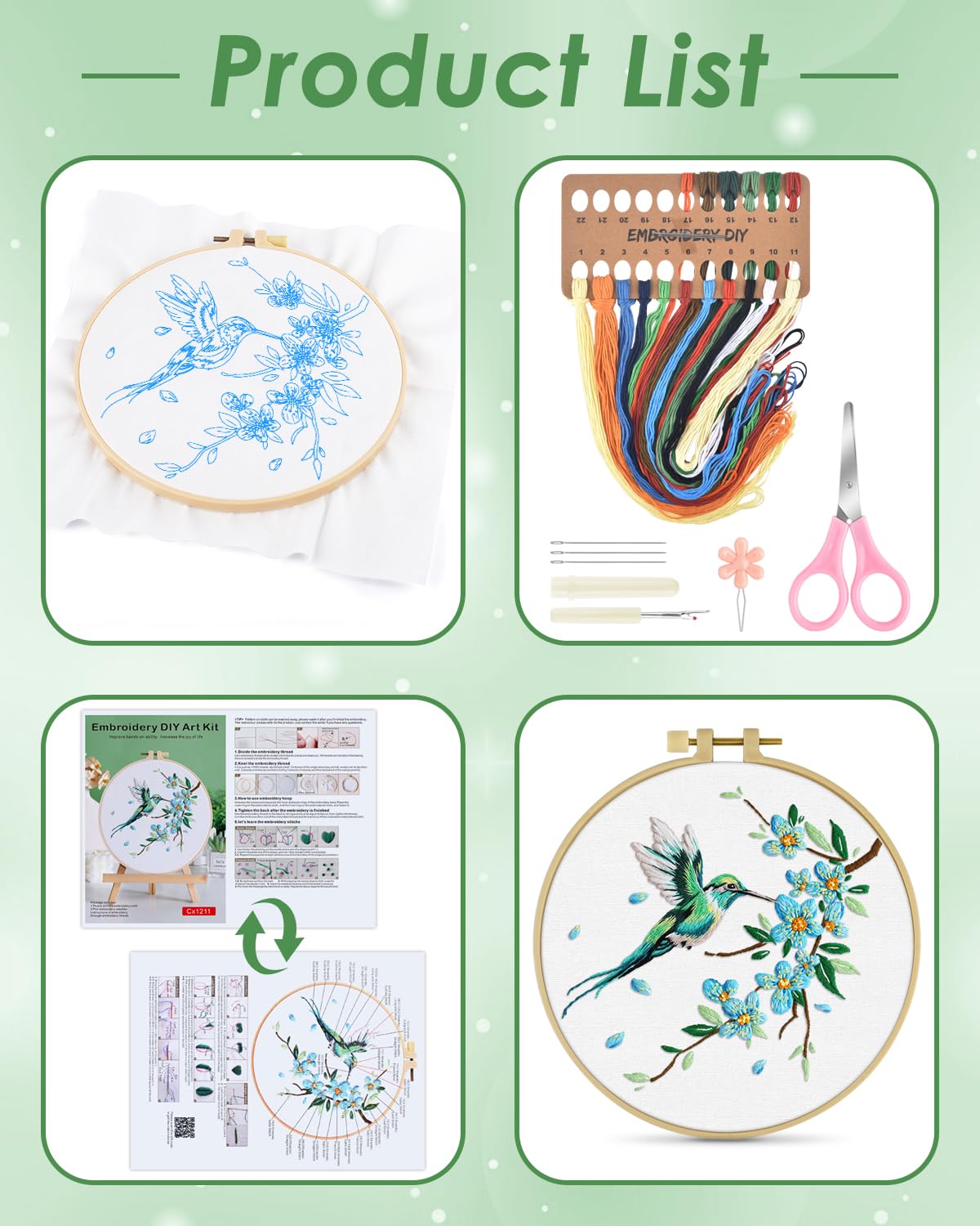 Embroidery Kit for Beginners, Hummingbird and Flower Cross Stitch Set for Include Embroidery Cloth Hoops Threads for Craft Lover Hand Stitch with Embroidery Skill Techniques (Green Hummingbird)