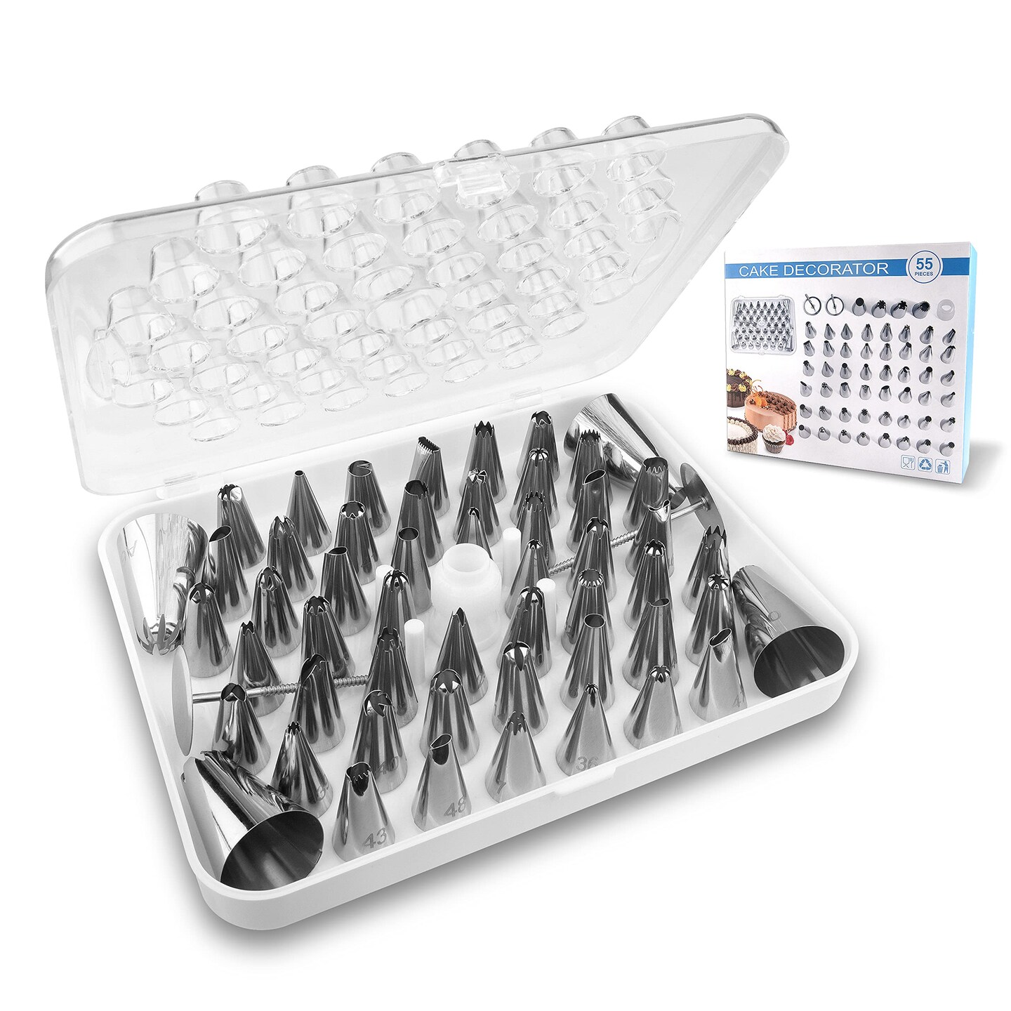 Cake Decorating kit for Beginners-52 Numbered Icing Tips with Pattern Chart,2 Flower Nails and 1 Coupler.Piping Tips Set with storage box.